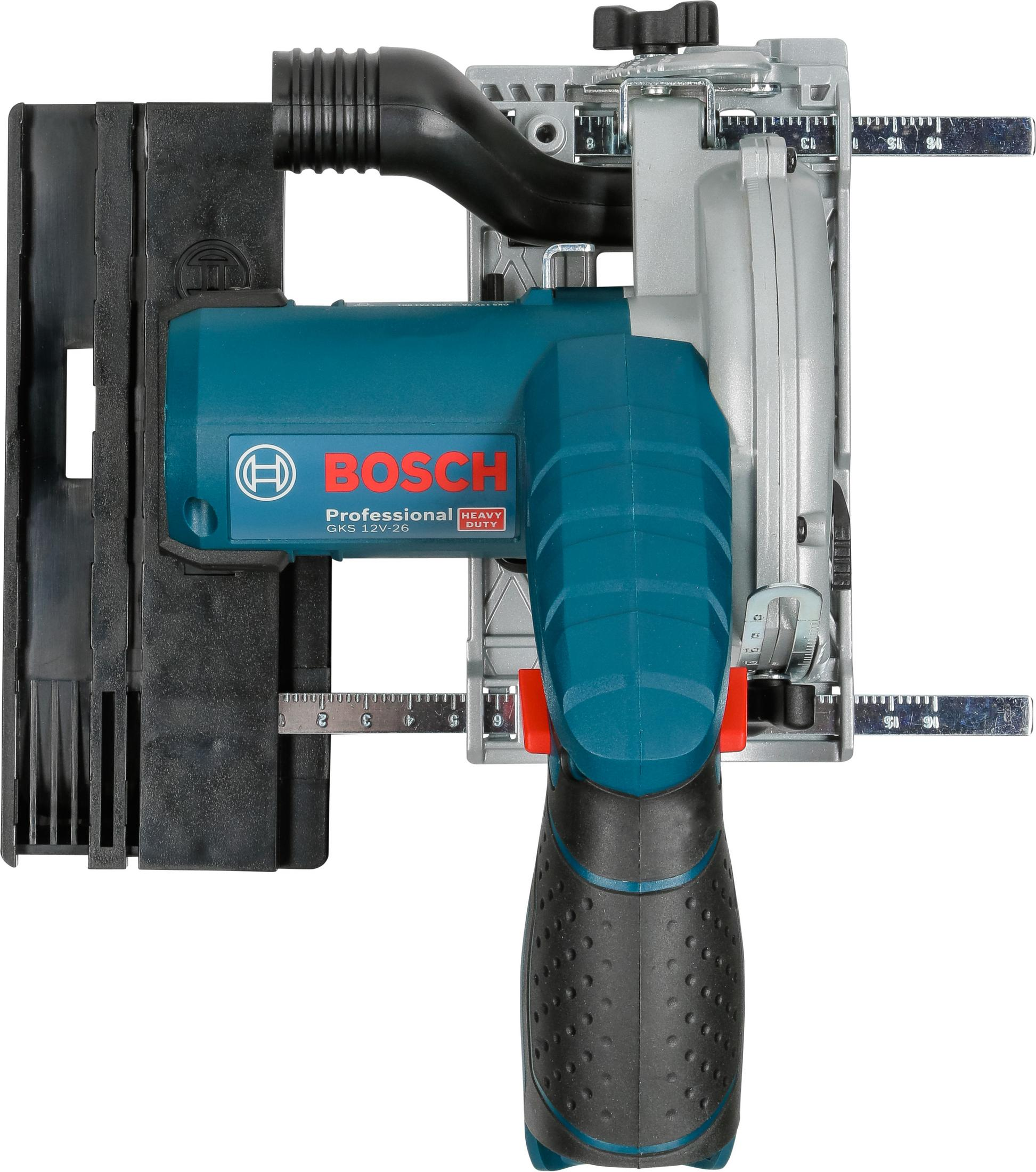 Piła tarczowa Bosch, turkusowa i srebrna, z czarnym uchwytem i prowadnicą na białym tle.