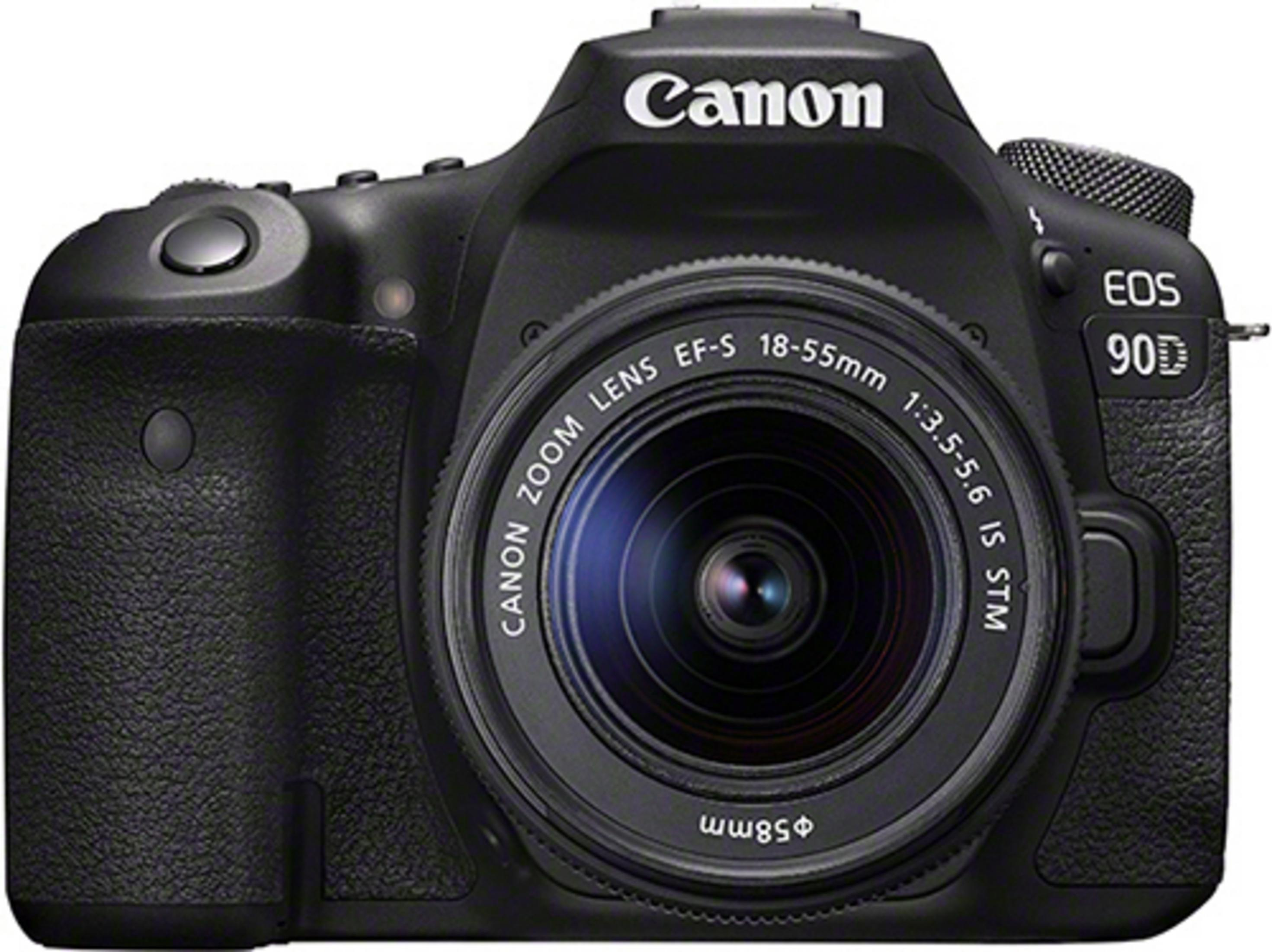 Schwarze Canon EOS 90D Kamera mit einem EF 18-55mm Objektiv. Die Kamera ist nach vorne gerichtet.