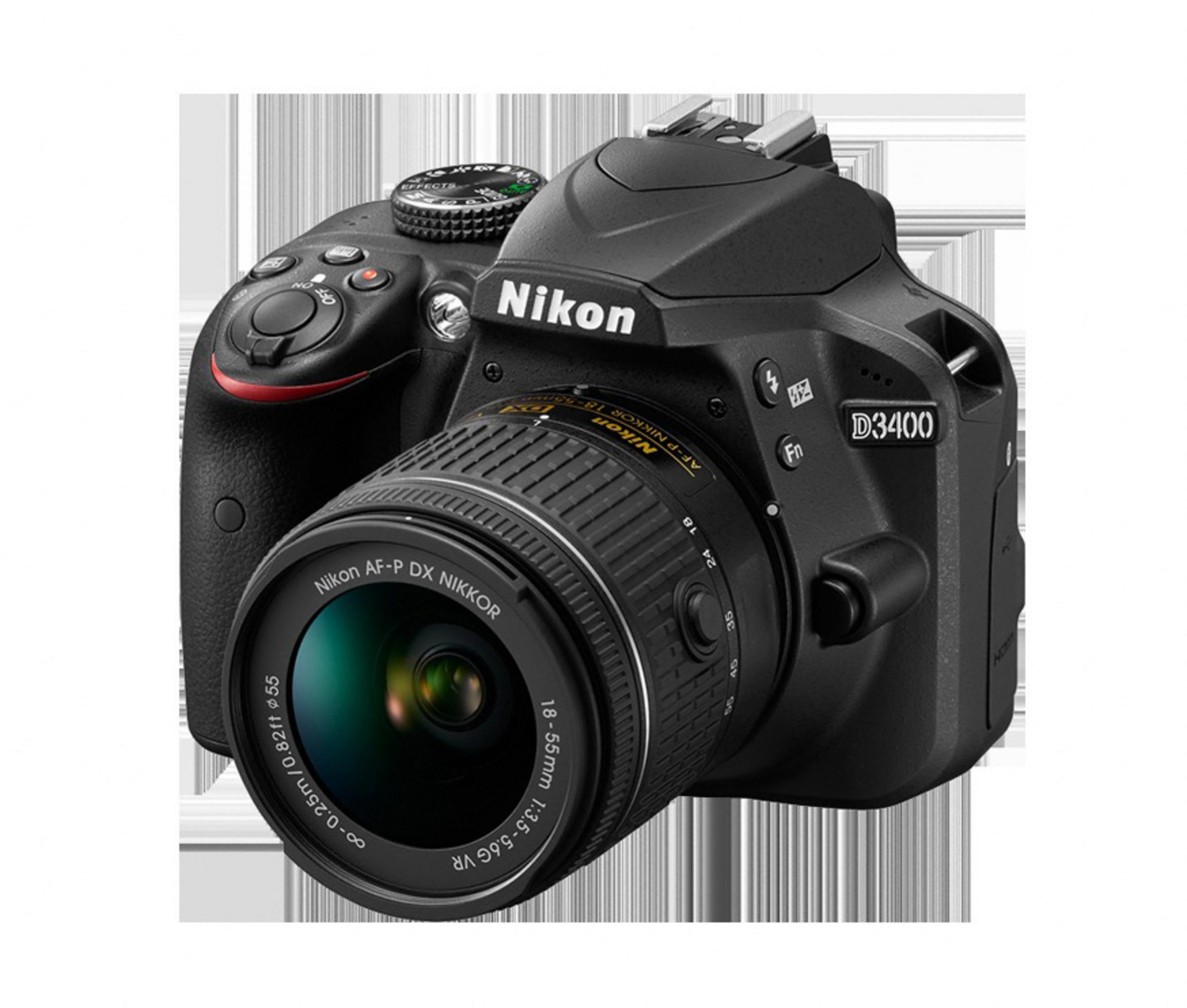 Cámara Nikon D3400 negra con lente. La cámara está sobre fondo blanco. El logotipo de Nikon es visible.