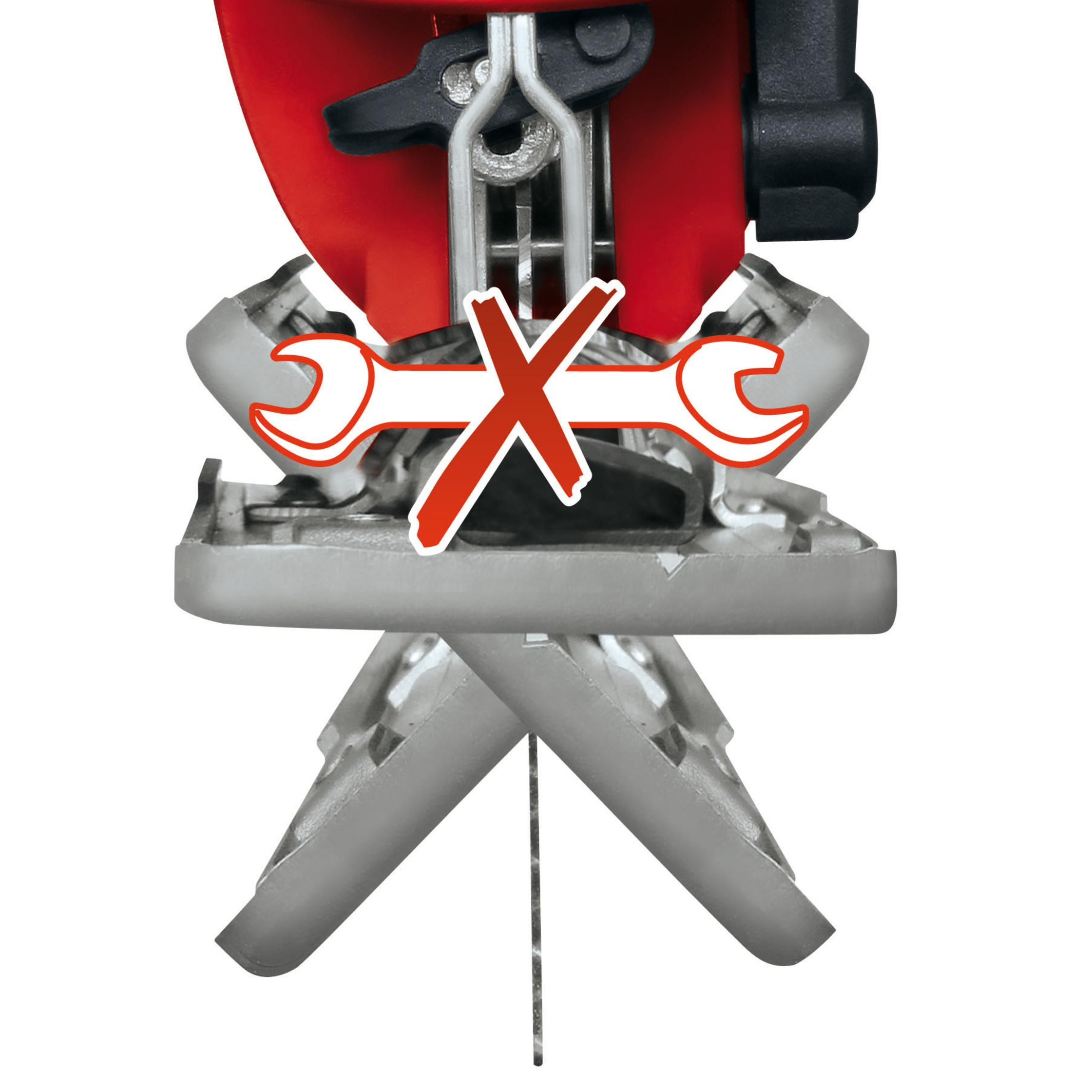 Zbliżenie czerwonej wyrzynarki z symbolem braku klucza, na białym tle.