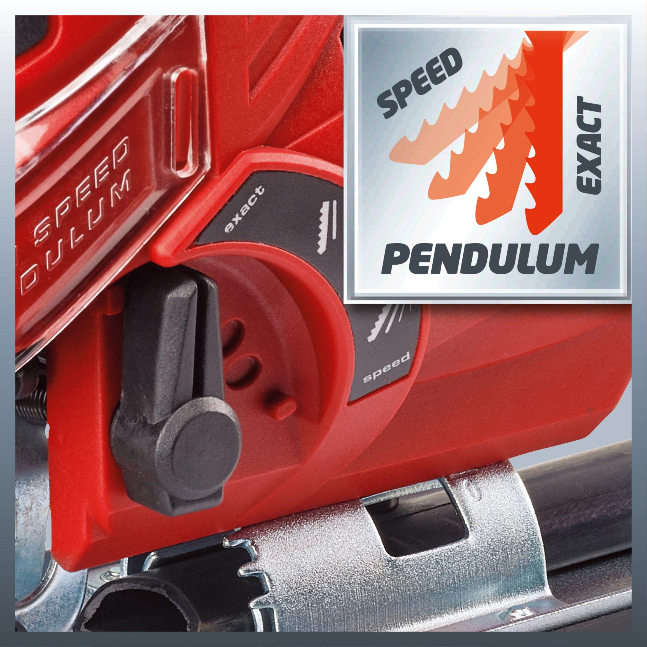 Zbliżenie czerwonej wyrzynarki. Posiada ustawienia prędkości i wahadła. Diagram pokazuje ruch brzeszczotu.