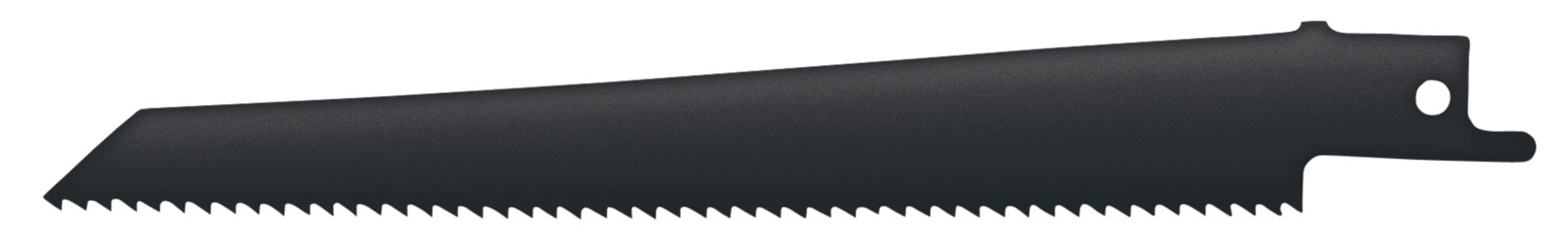 Czarny brzeszczot, zęby wzdłuż jednej krawędzi, z otworem na końcu.