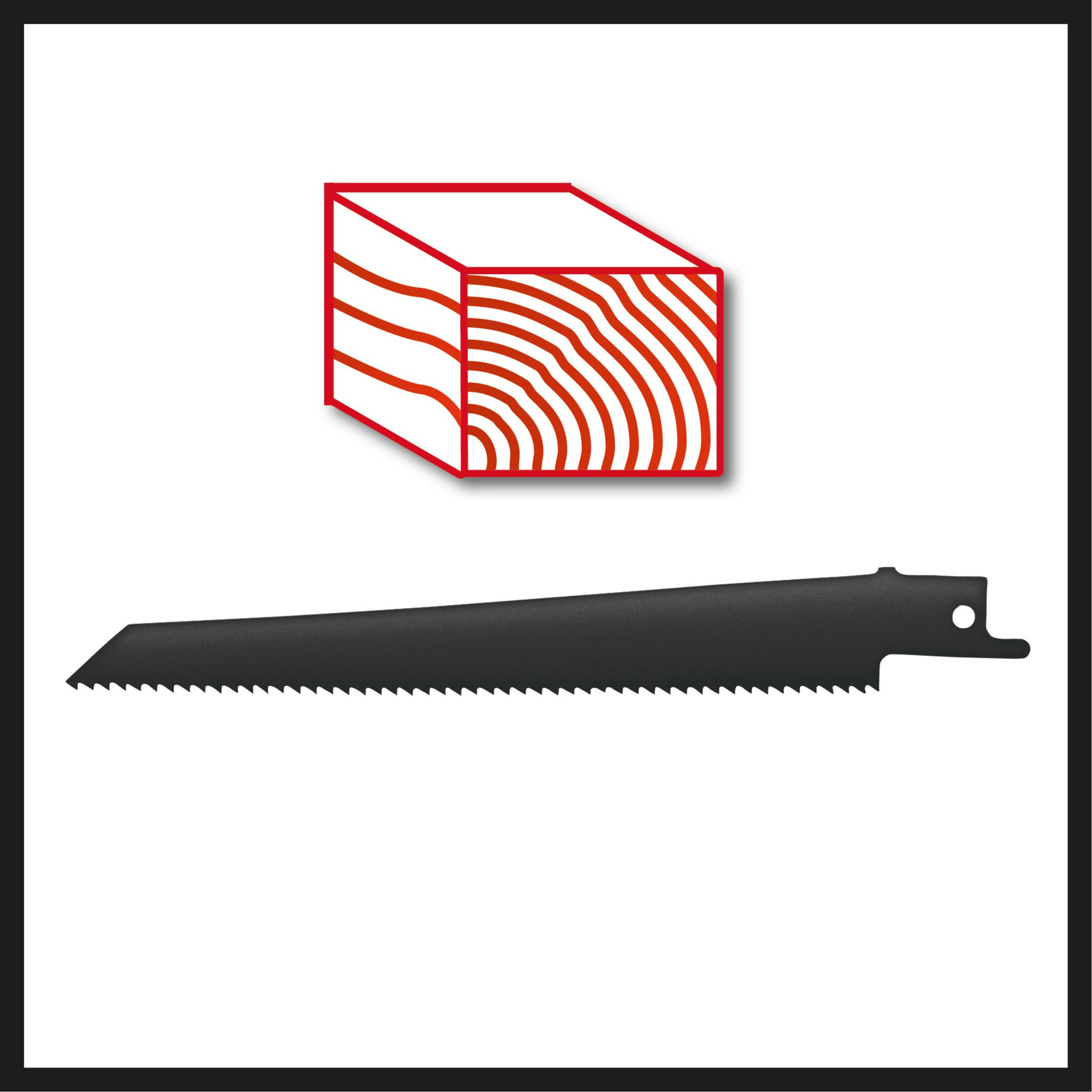 Czarny brzeszczot do wyrzynarki ze symbolem drewna. Białe tło.