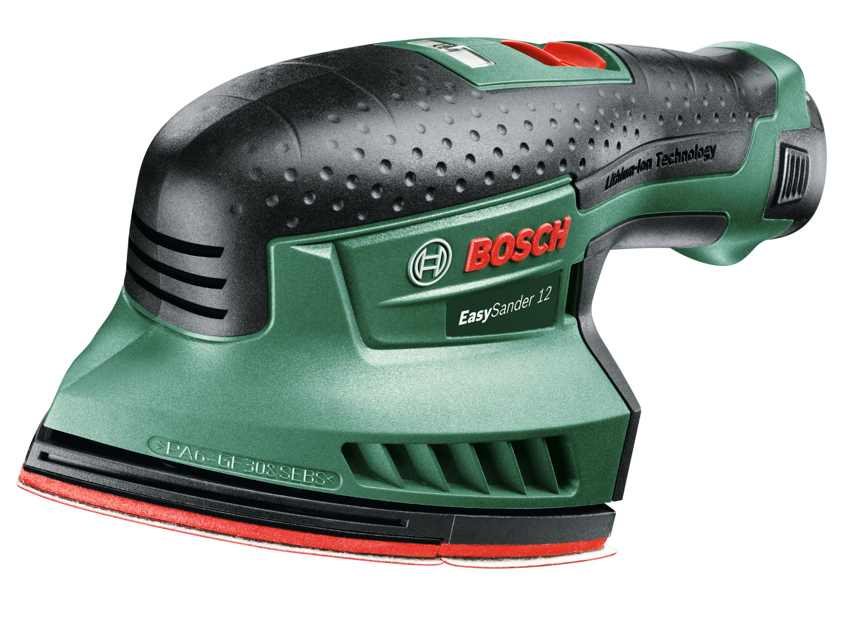 Bosch EasySander 12 en vert et noir. Patin de ponçage rouge. Fond blanc.