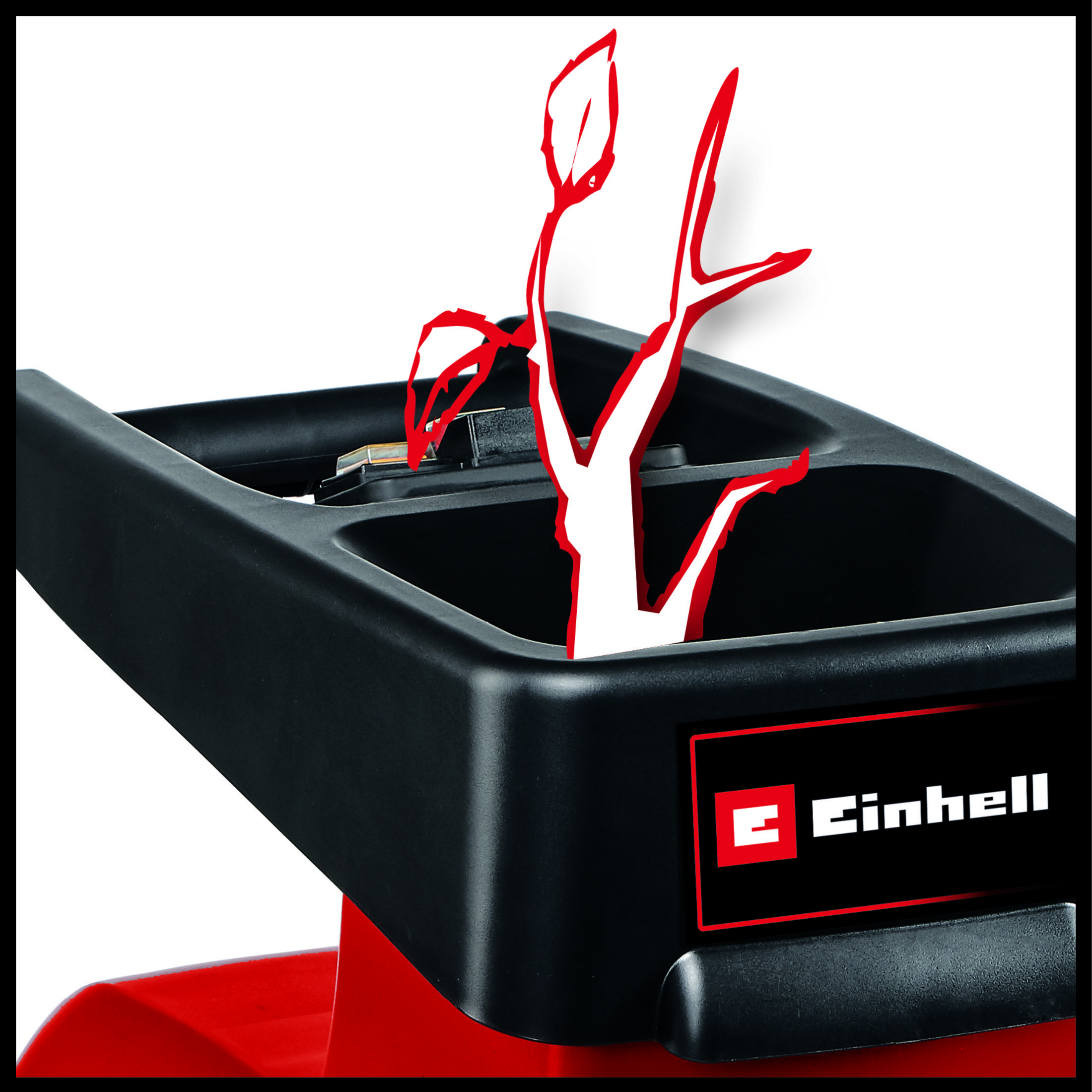 Nahaufnahme eines roten Einhell Gartenhäckslers. Eine Zeichnung einer Pflanze befindet sich im schwarzen Behälter.