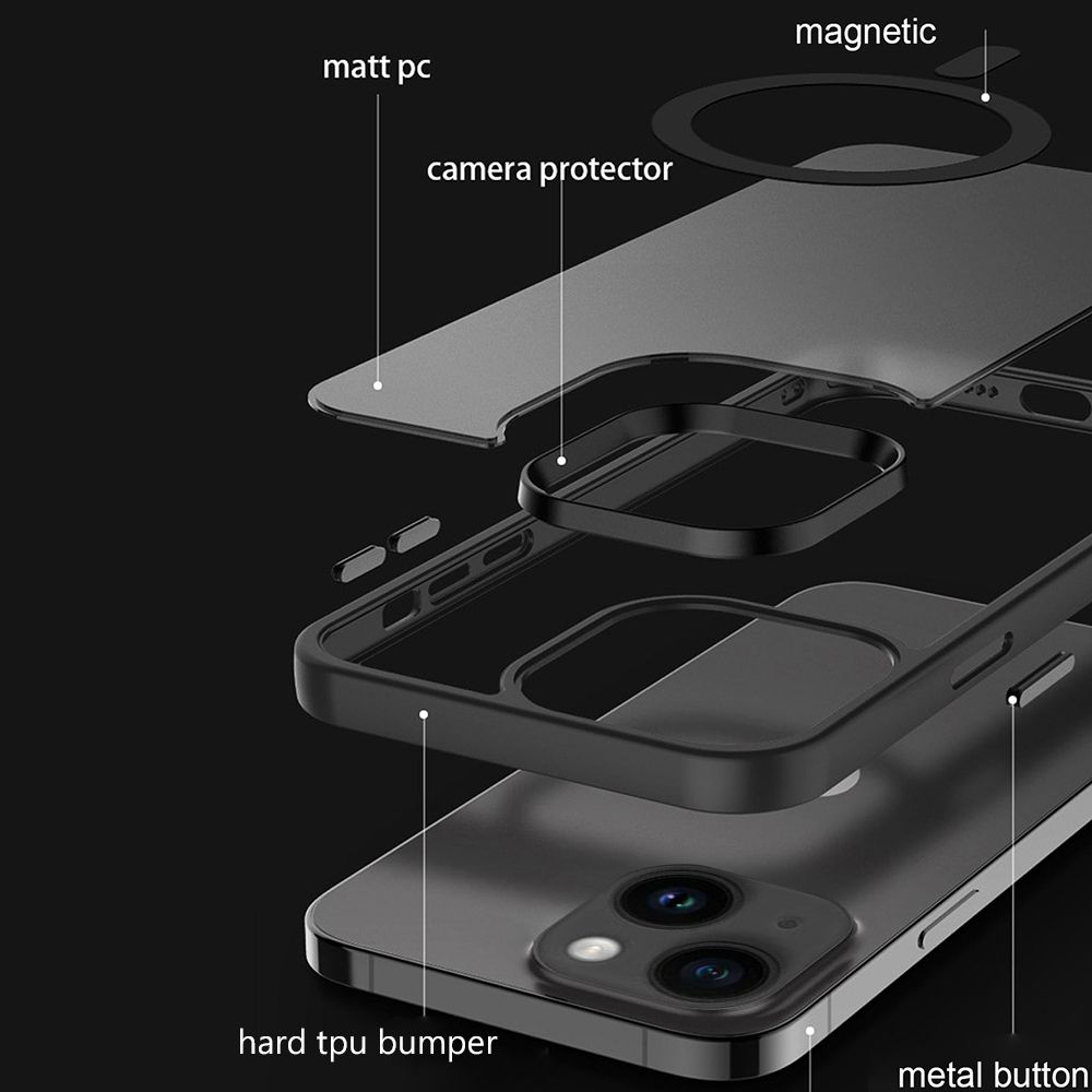 Vista explosionada de una funda de teléfono negra con anillo magnético. Tiene un parachoques de TPU duro y protector.