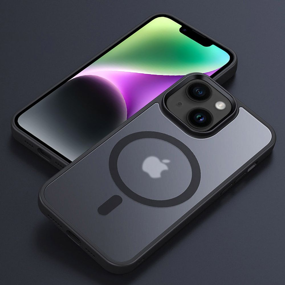 Una funda de teléfono negra con un círculo magnético, sobre un iPhone. El fondo es una superficie oscura.