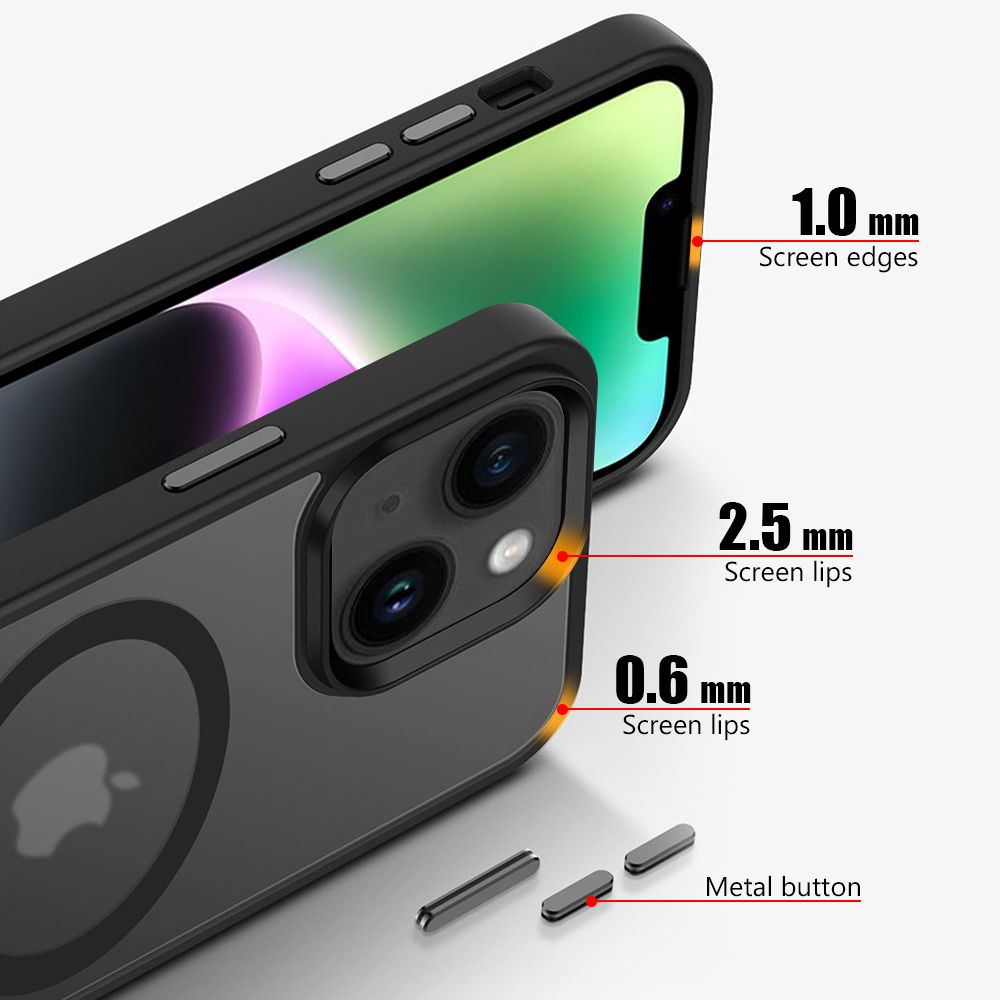 Primer plano de una funda de teléfono sobre un teléfono con etiquetas que muestran las dimensiones de la pantalla.