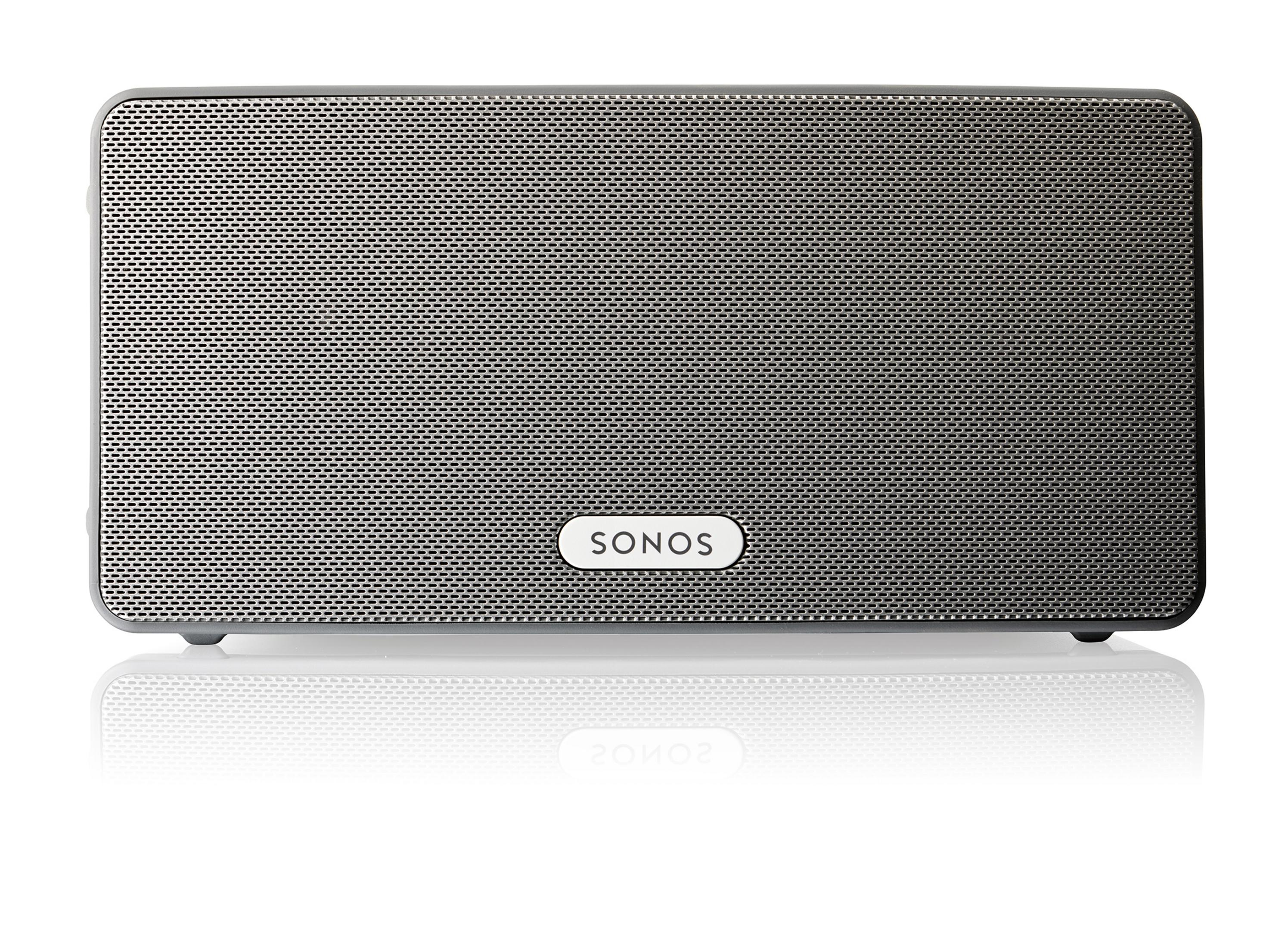 Grauer Lautsprecher mit Gitterfront. Der Markenname SONOS steht darauf.