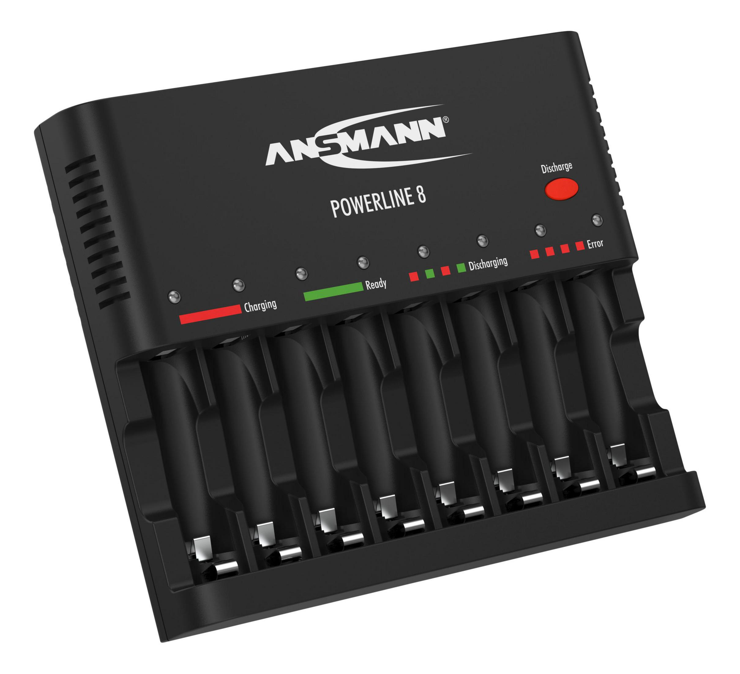 Schwarzes Batterieladegerät mit mehreren Schächten. Lade- und Fehleranzeigen, ANSMANN-Marke sichtbar.
