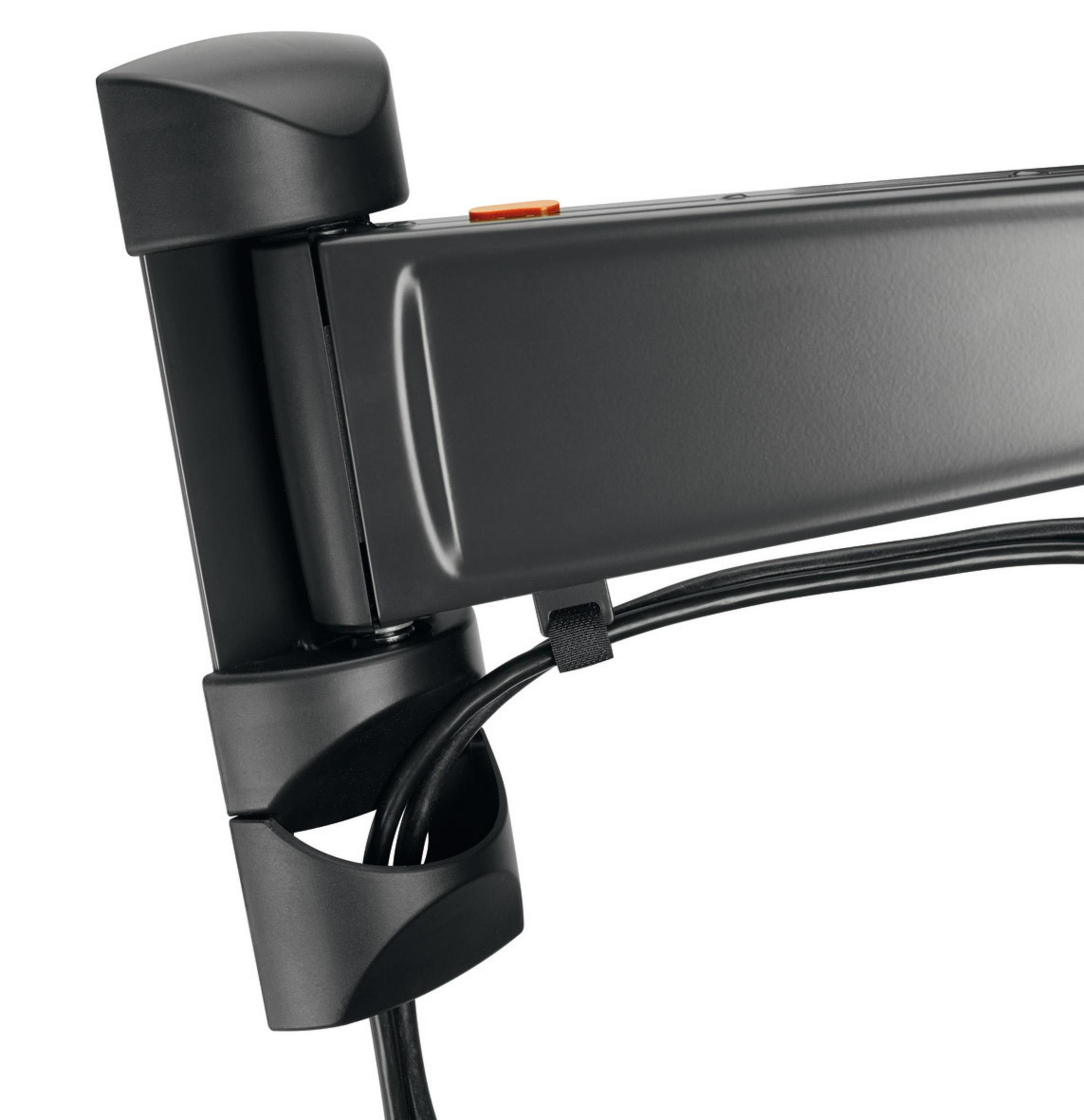 Primer plano de un soporte de pared para TV. Componentes negros y grises con cables.