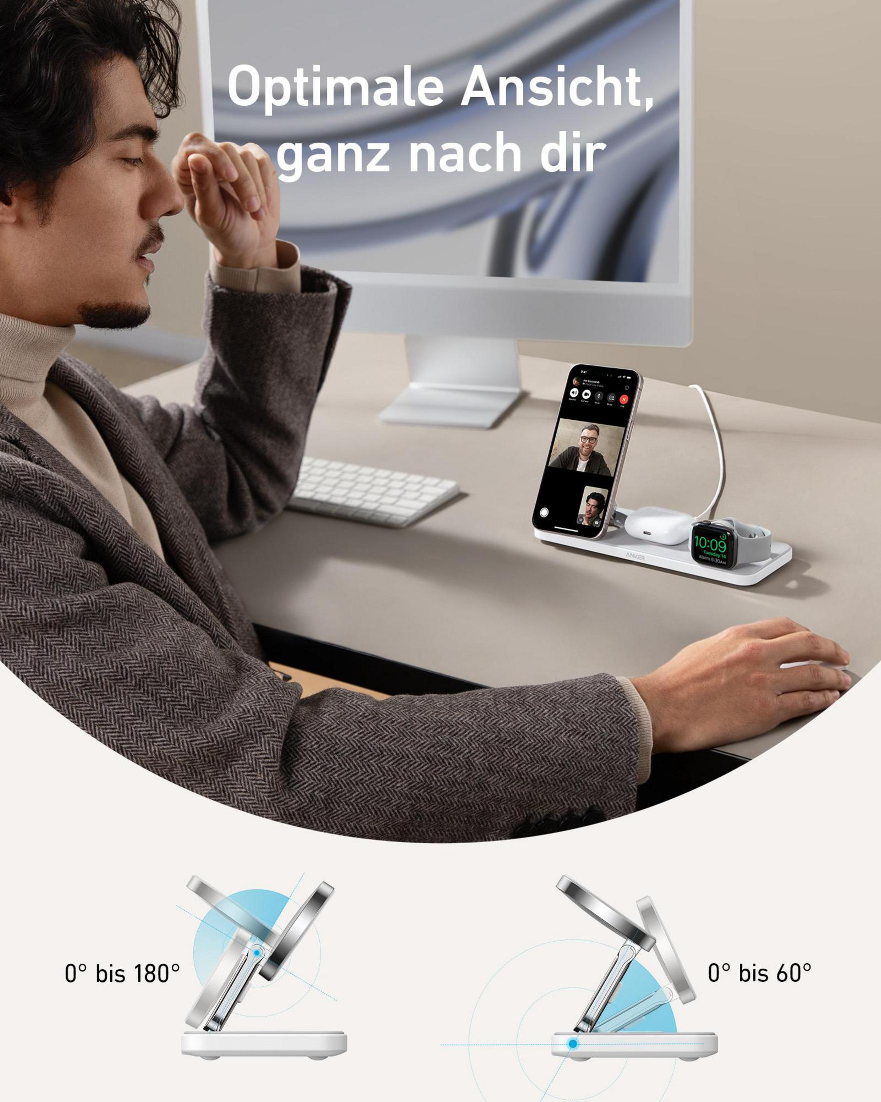 Mann, der eine Ladestation mit Telefon und Uhr benutzt, mit Neigungsoptionen.