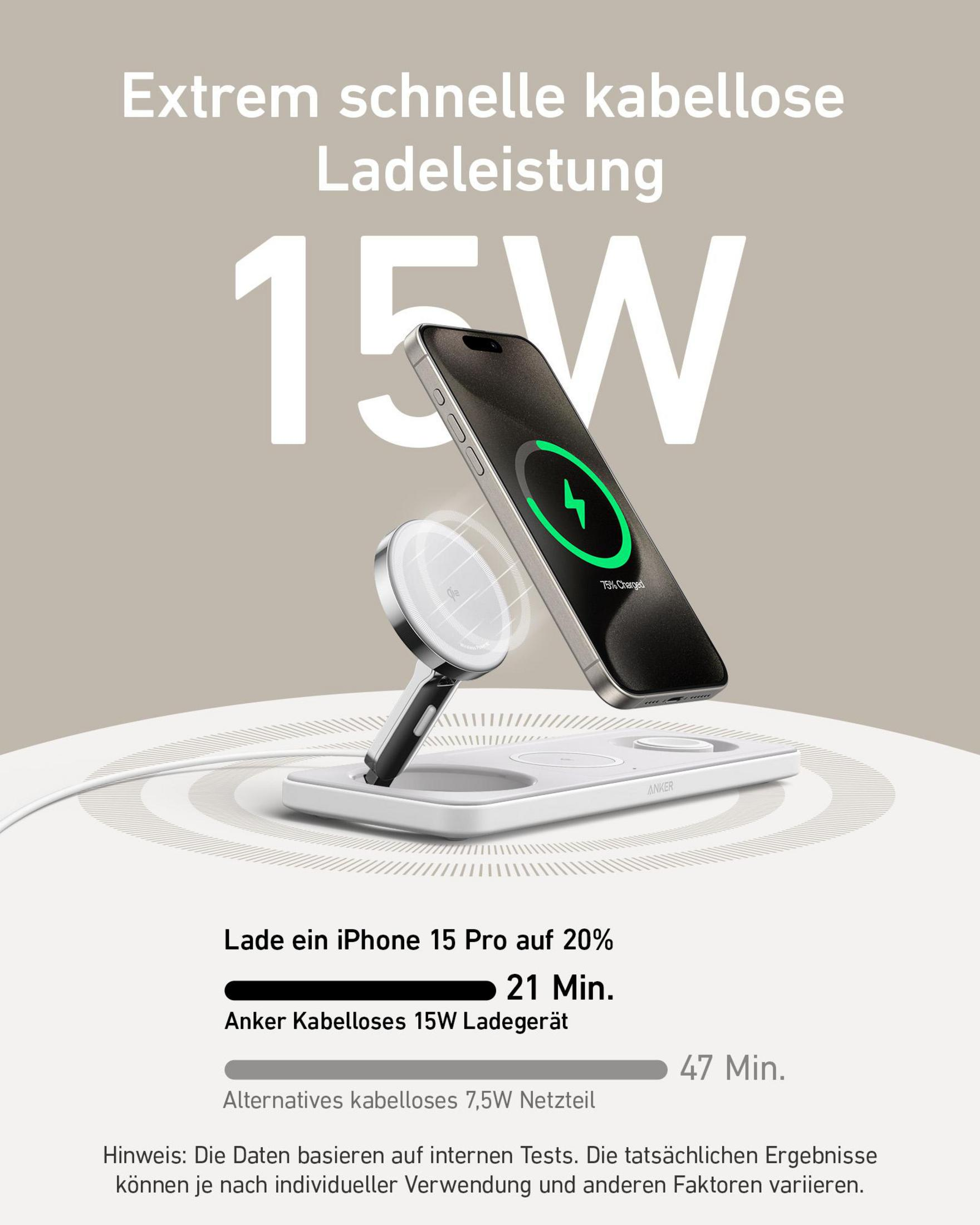 Ein Telefon, das auf einer weißen Ladestation mit Magnetpad und Uhrenladegerät geladen wird. Zeigt 15W Laden.