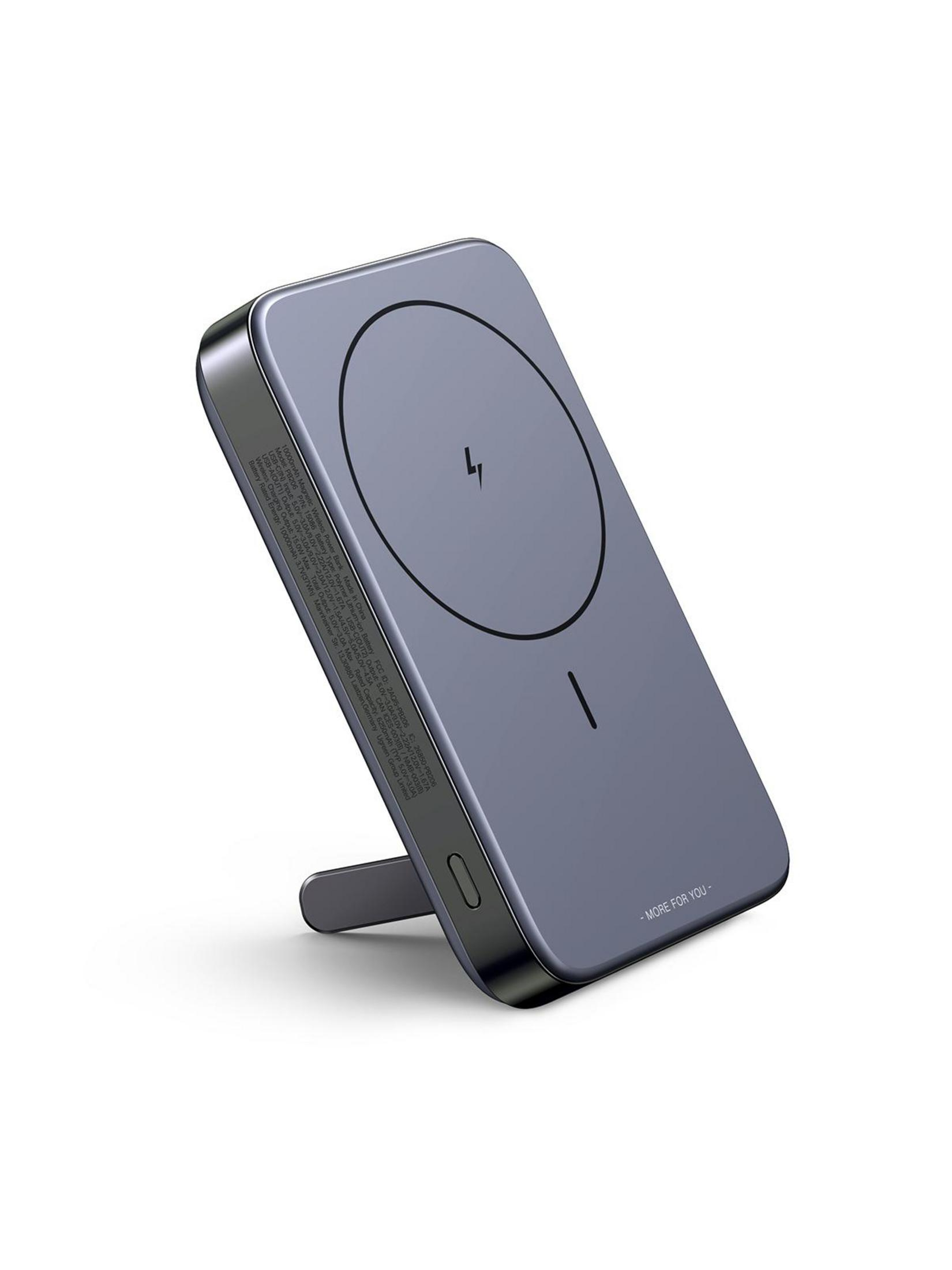 Szara ładowarka bezprzewodowa ze stojakiem, na białym tle.