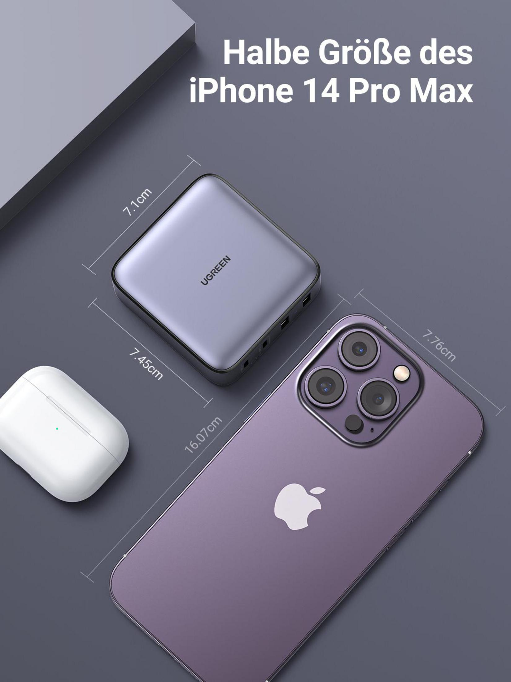 Un power bank, un telefono e auricolari su una superficie. Il telefono è viola, il power bank grigio.