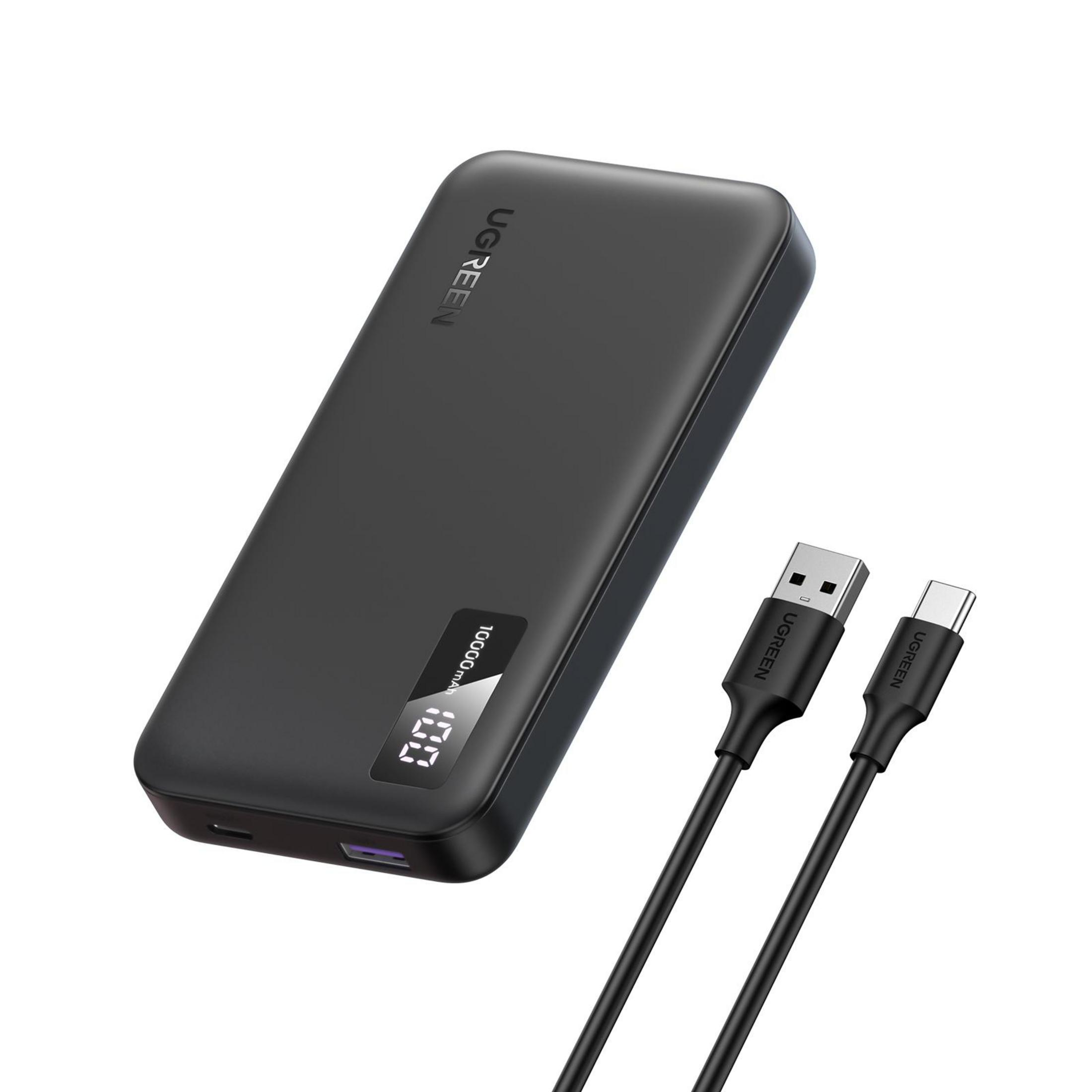 Czarny power bank z wyświetlaczem cyfrowym i dwoma kablami do ładowania USB.