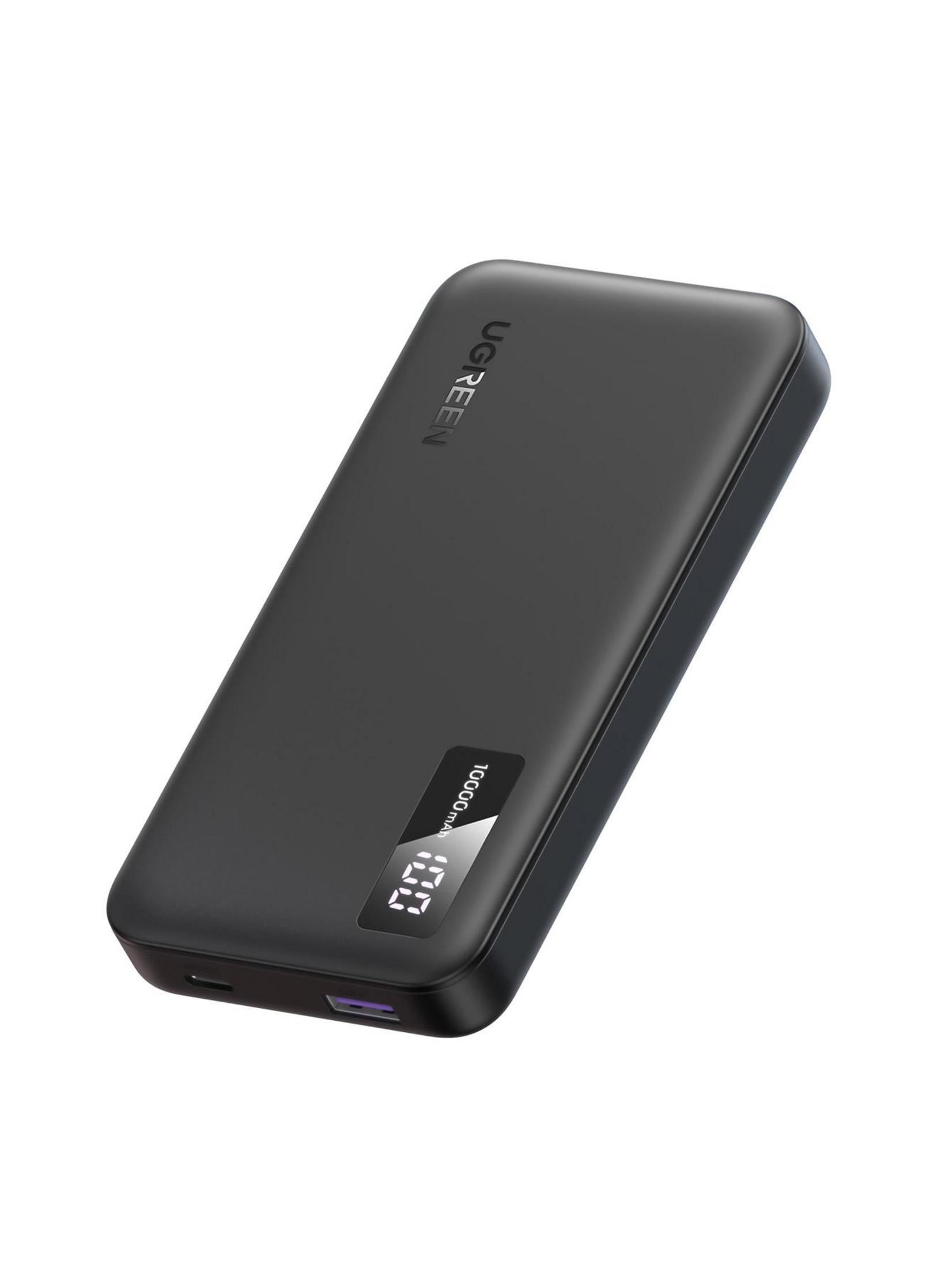 Czarny power bank z wyświetlaczem cyfrowym pokazującym 100% naładowania.