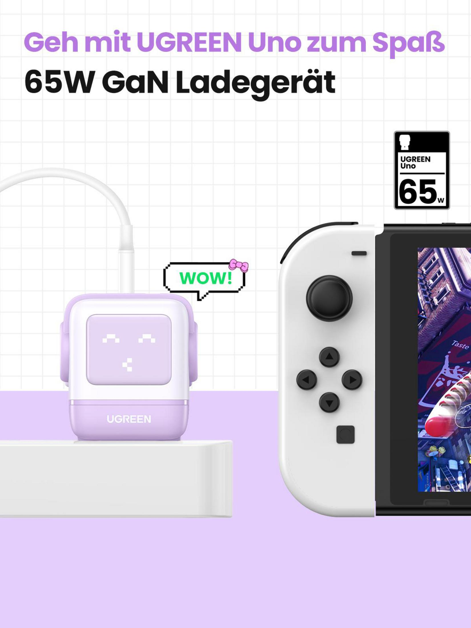 Fioletowe urządzenie ładujące podłączone do konsoli Nintendo Switch. Tekst mówi "Ładowarka GaN 65W".