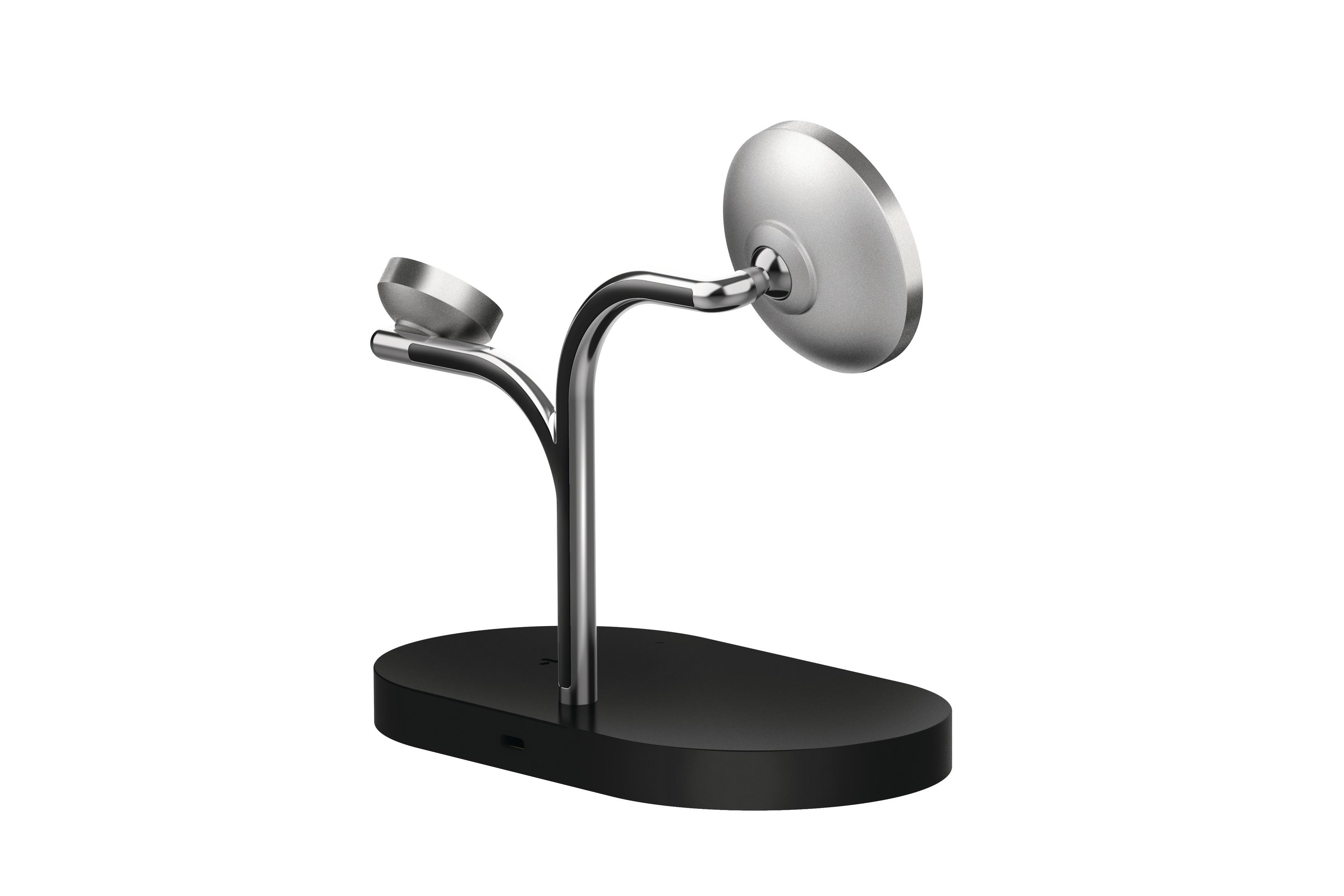 Srebrny stojak z okrągłym lustrem i ładowarką do zegarka. Czarna podstawa.