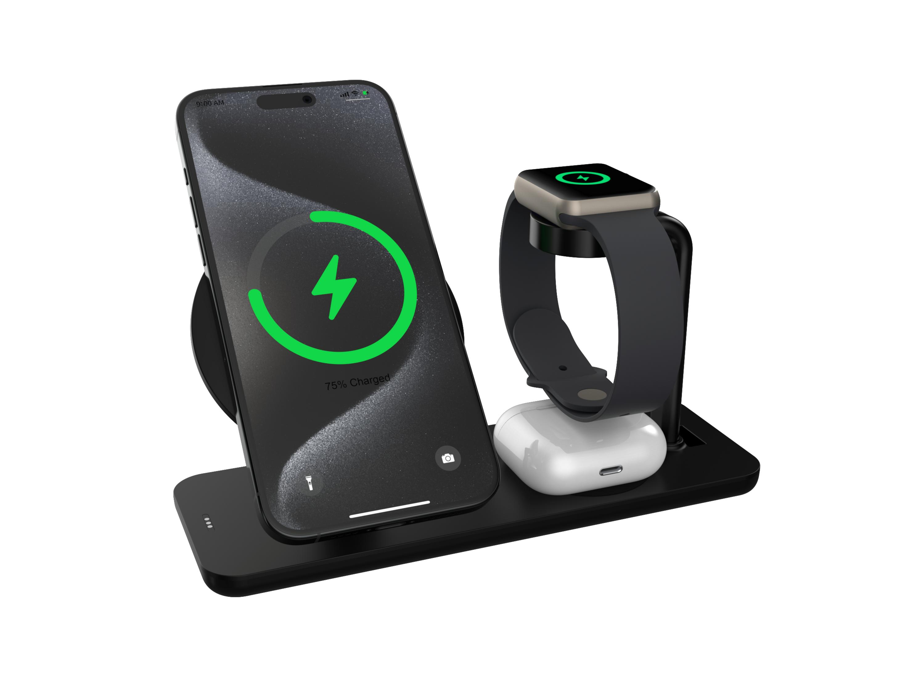 Eine Ladestation lädt Telefon, Smartwatch und Ohrhörer. Telefon zeigt grünes Ladesymbol.