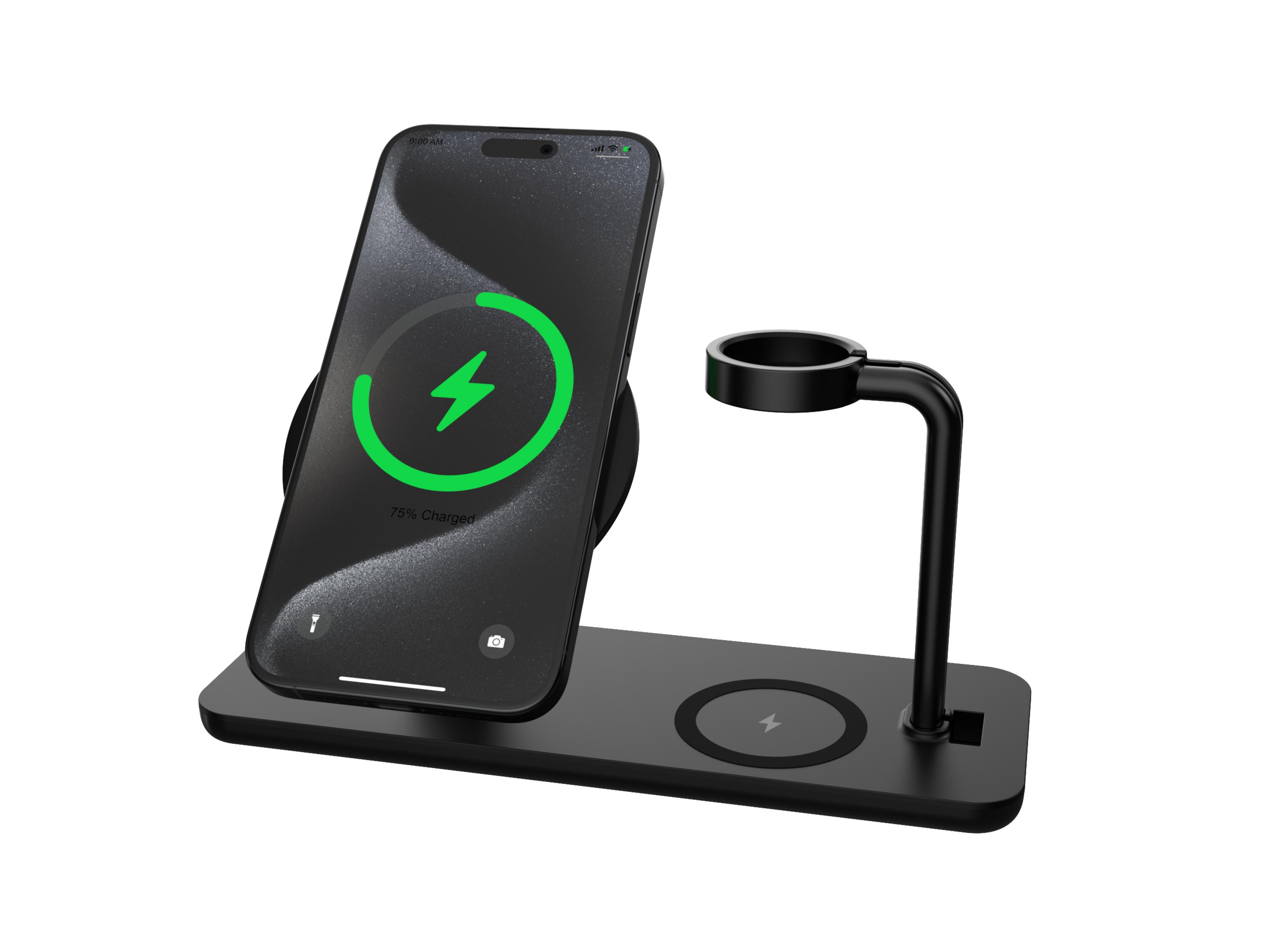 Schwarze kabellose Ladestation, die ein Telefon und eine Uhr lädt. Telefon zeigt Ladestatus an.