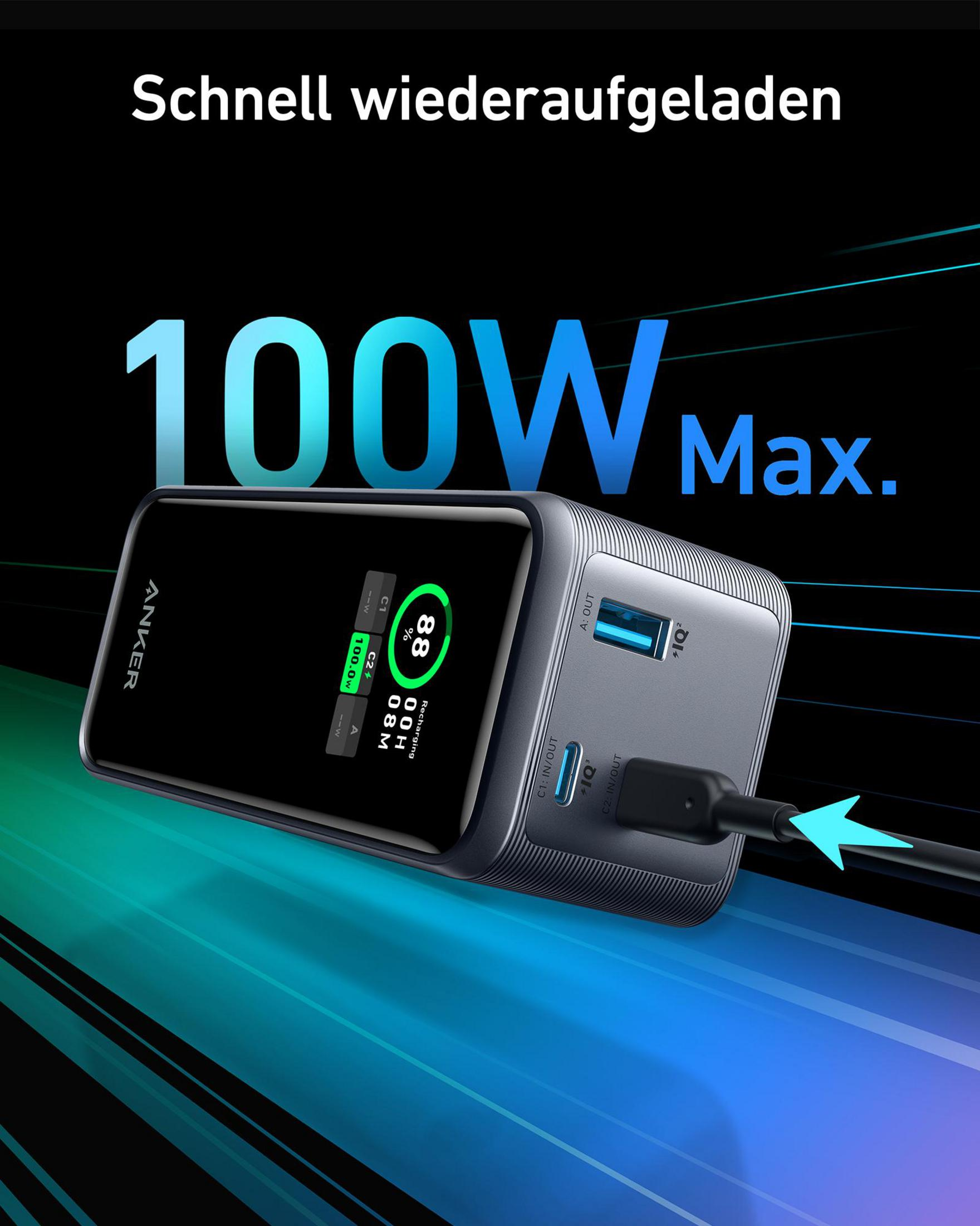 Powerbank lädt ein Gerät. Das Gerät zeigt 88 % geladen an. Kabel angeschlossen, mit Text, der Schnellladung anzeigt.