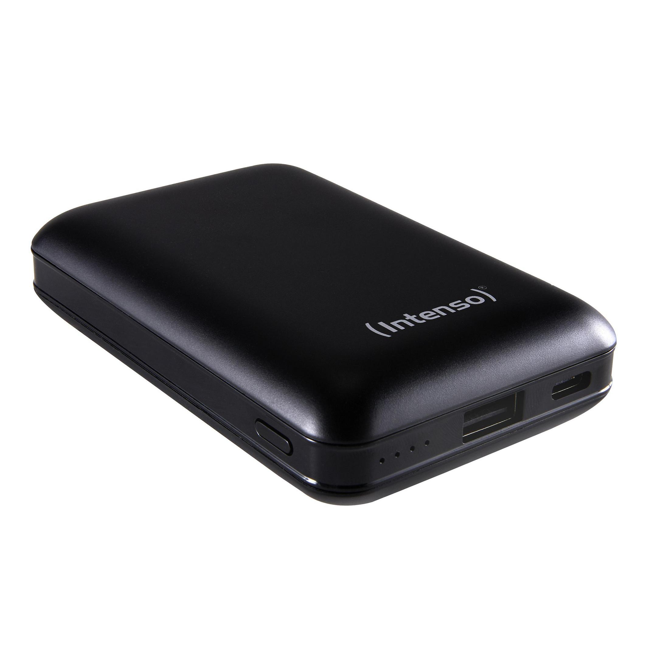 Batería externa negra con logo.