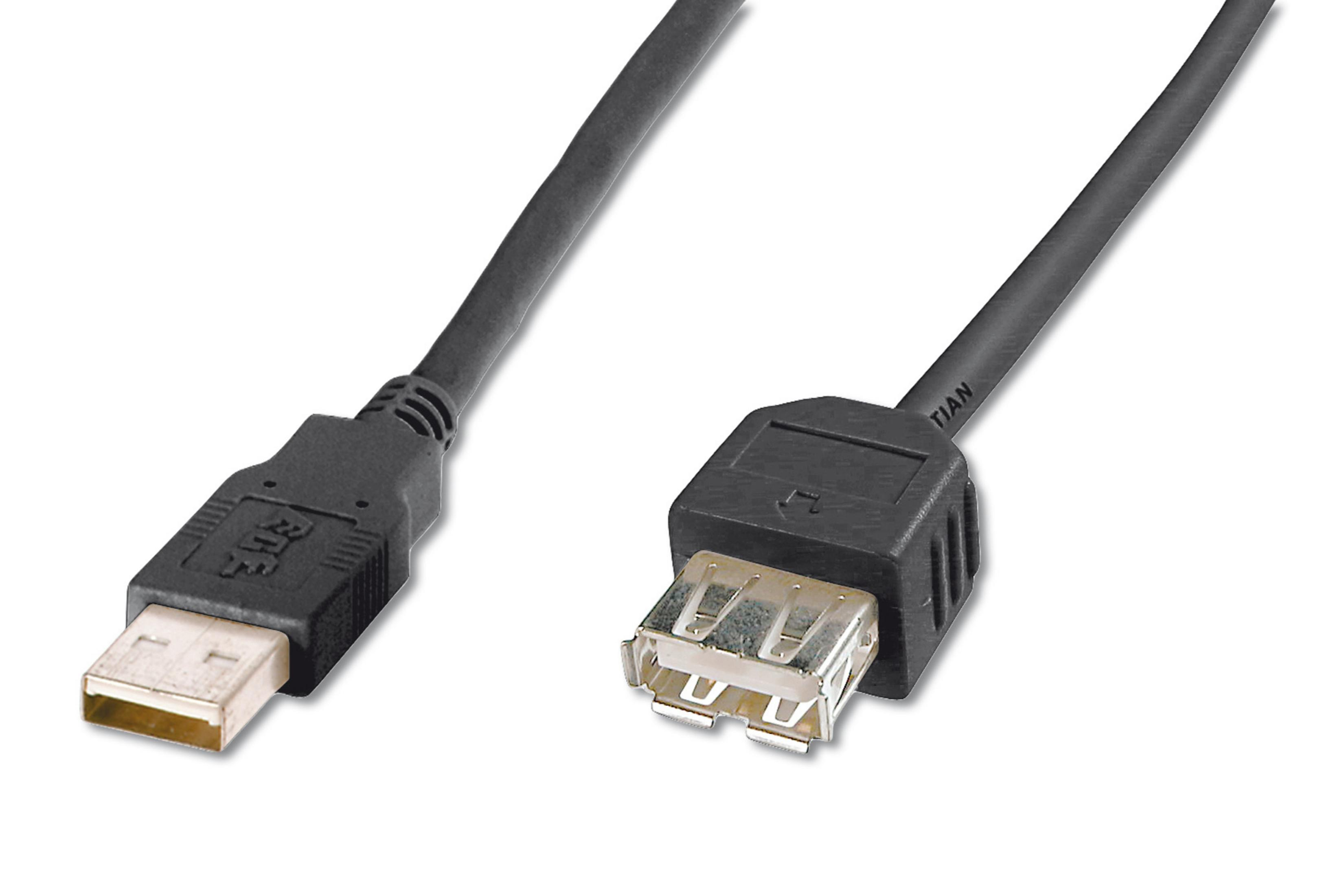 Deux câbles USB ; un avec USB-A et l'autre avec connecteurs USB-B. Câbles noirs, fond blanc.