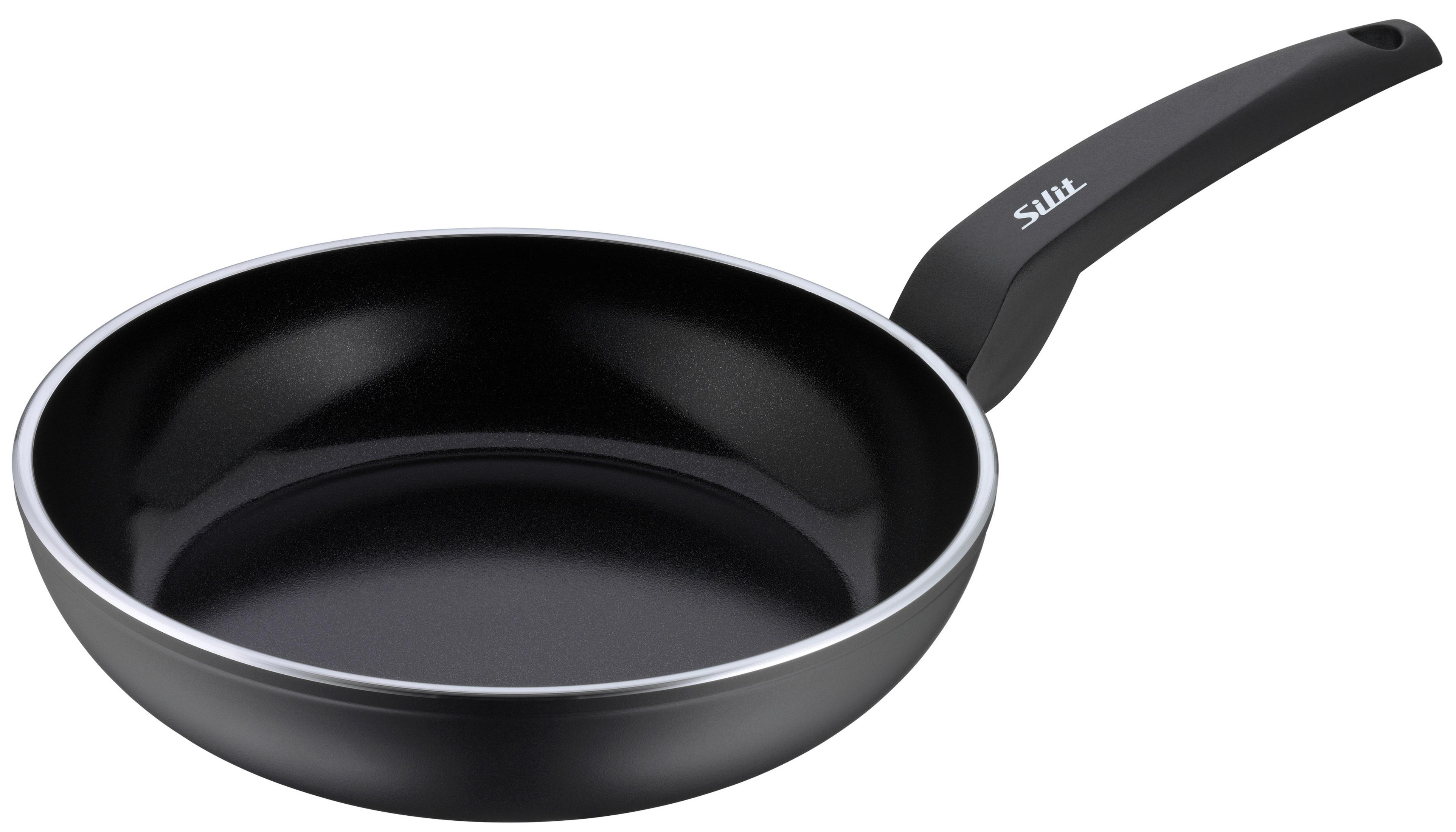 Schwarze Bratpfanne mit schwarzem Griff. Das Innere ist schwarz mit silbernem Rand.