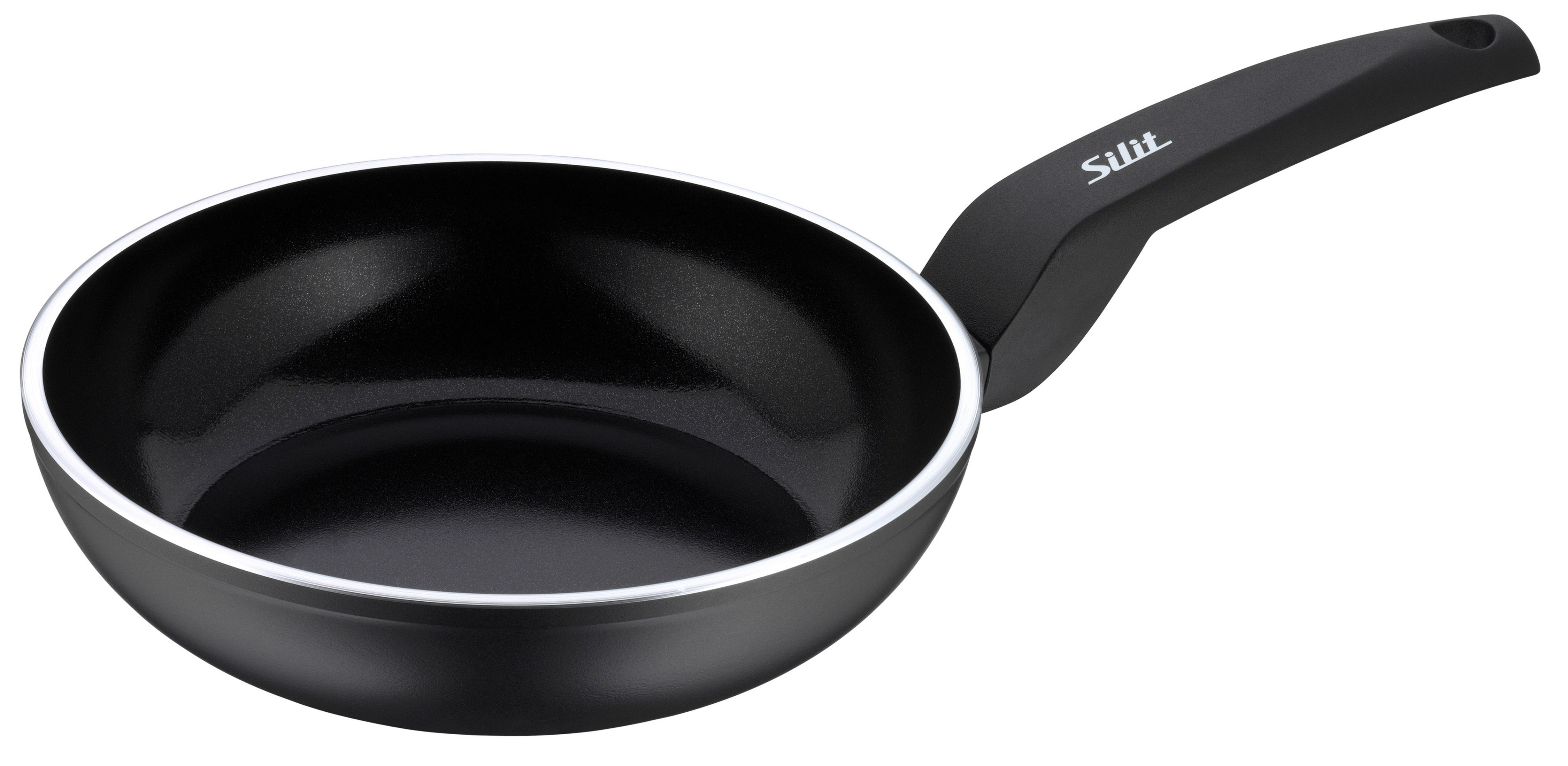 Eine schwarze Bratpfanne mit silbernem Rand und schwarzem Griff. Der Innenraum ist antihaftbeschichtet.