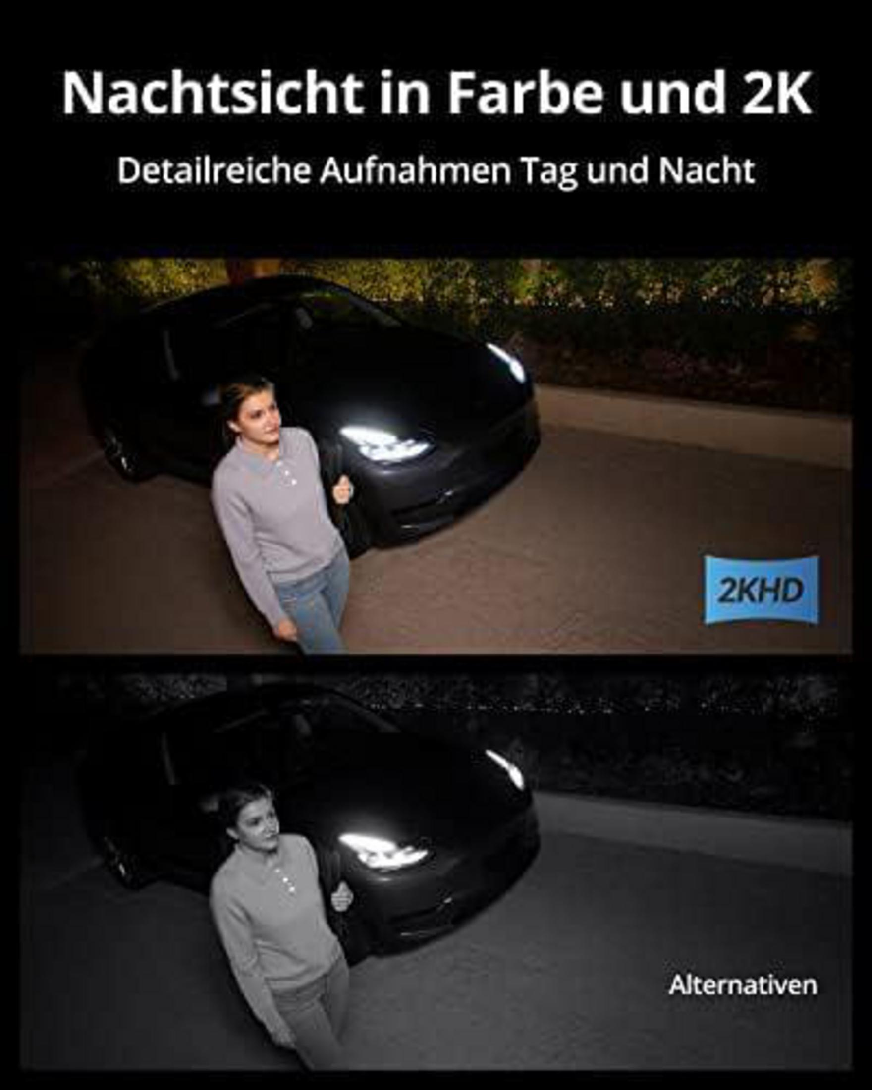 Kobieta stoi obok czarnego samochodu w nocy. Obraz ma etykietę 2KHD.