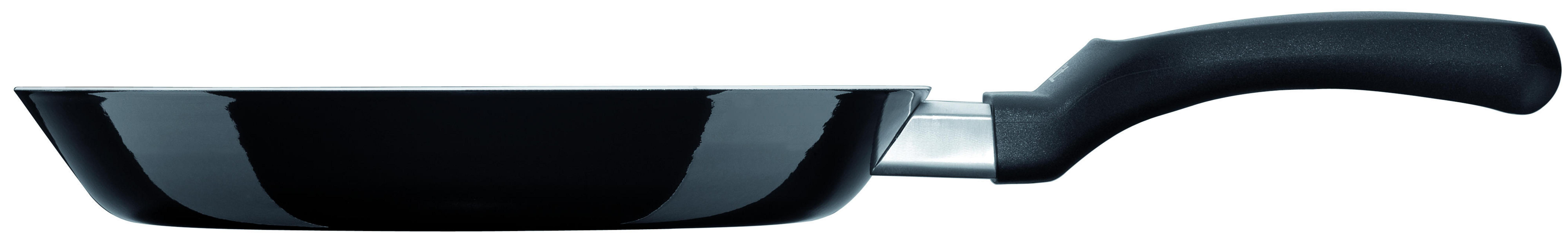 Schwarze Bratpfanne mit schwarzem Griff.