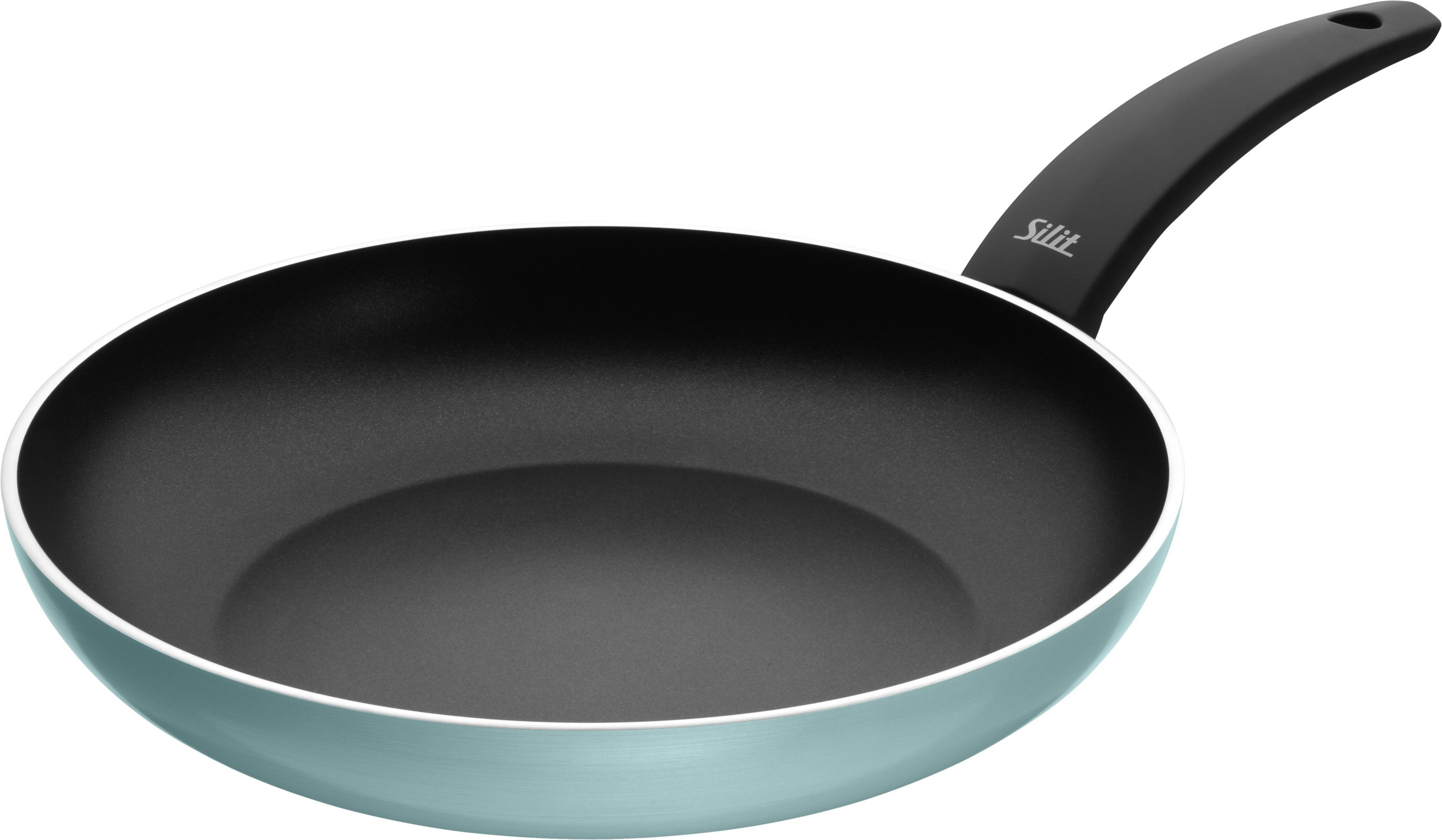 Schwarze Bratpfanne mit silbernem Rand und schwarzem Griff. Der Markenname "Silit" steht auf dem Griff.