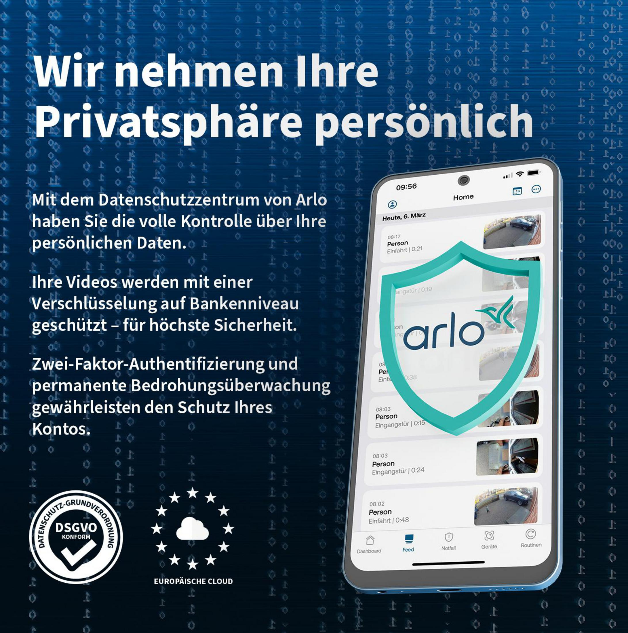 Interfejs użytkownika aplikacji kamery bezpieczeństwa Arlo na smartfonie. Telefon jest trzymany nad niebieskim tłem.