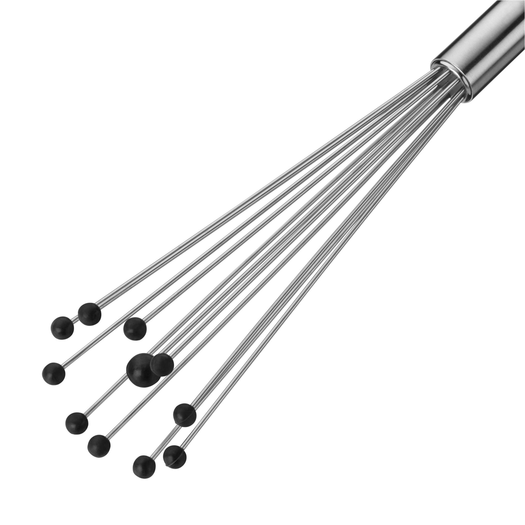 Zbliżenie trzepaczki z czarnymi kulkami na każdym końcu.