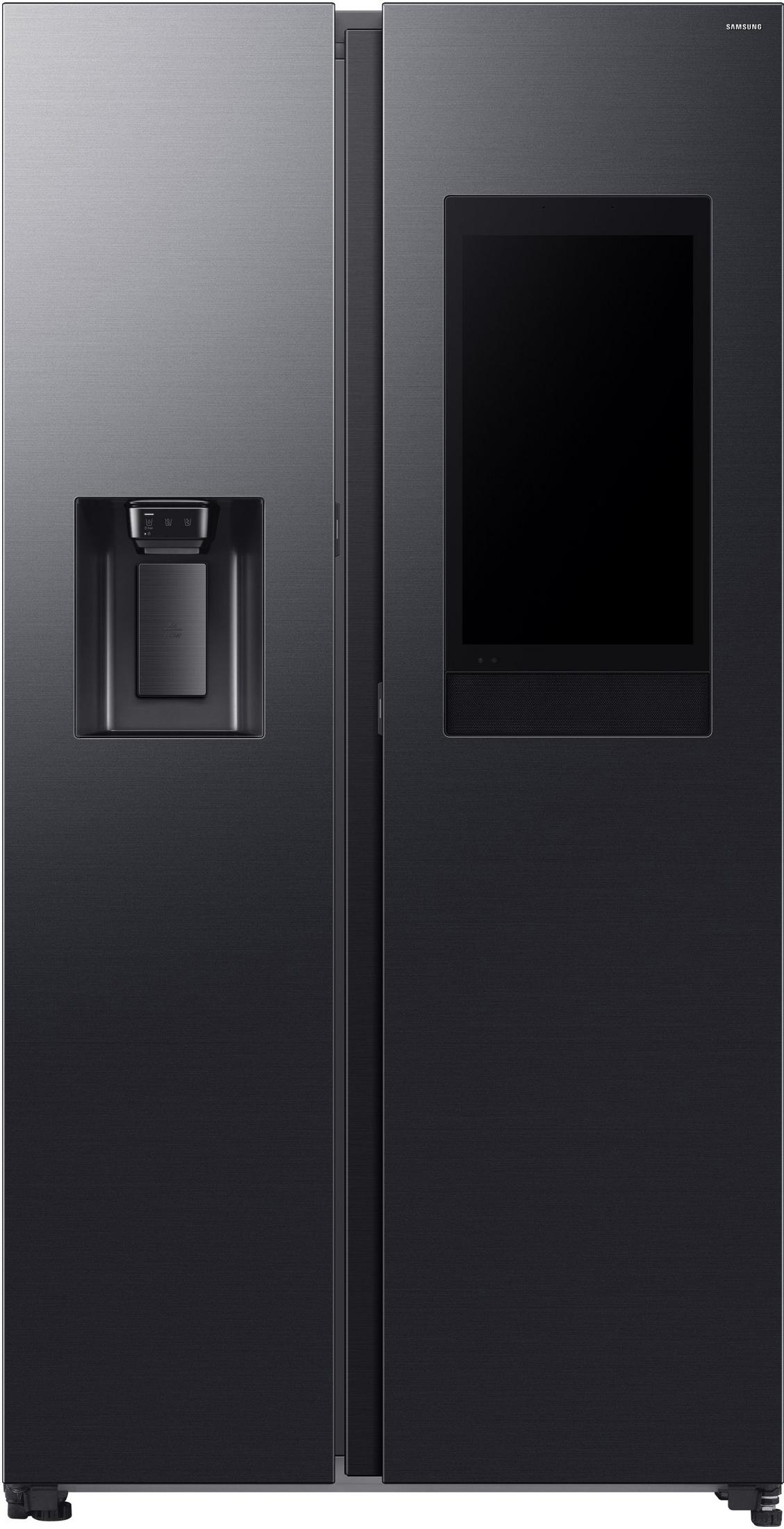 Schwarzer Side-by-Side-Kühlschrank. Mit Wasserspender und großem Touchscreen an der Tür.