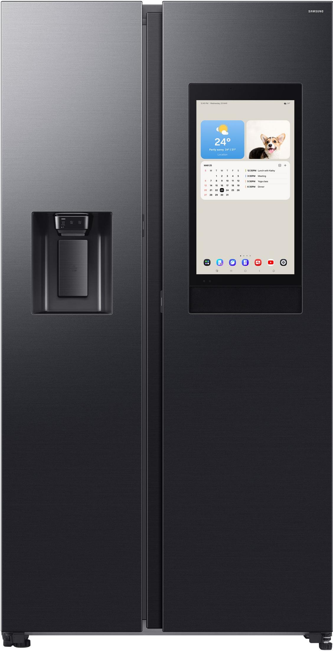 Schwarzer Samsung-Kühlschrank mit Bildschirm, der Wetter und ein Hundebild zeigt.