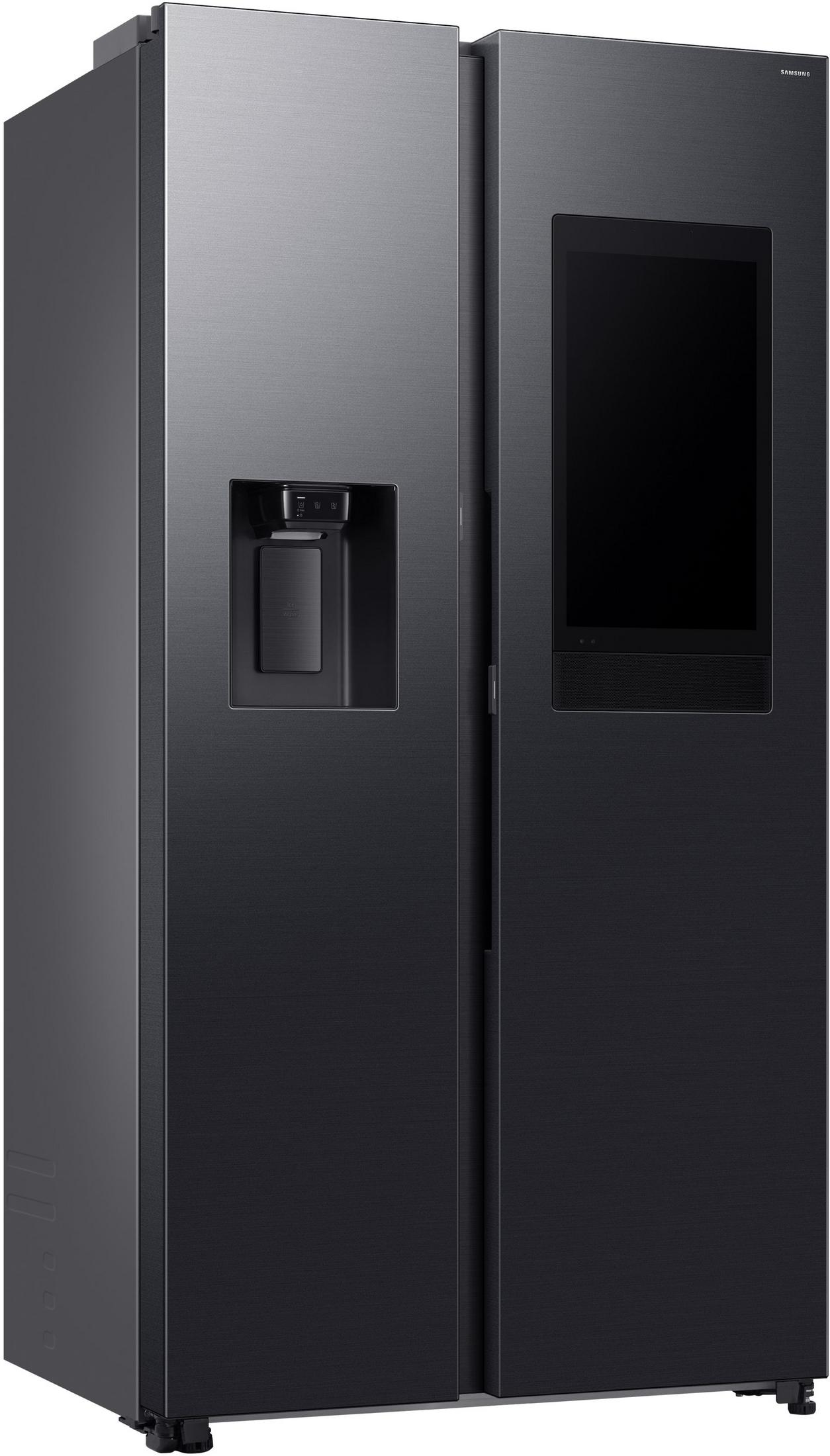 Schwarzer Samsung Kühlschrank mit Bildschirm rechts, Wasserspender links.