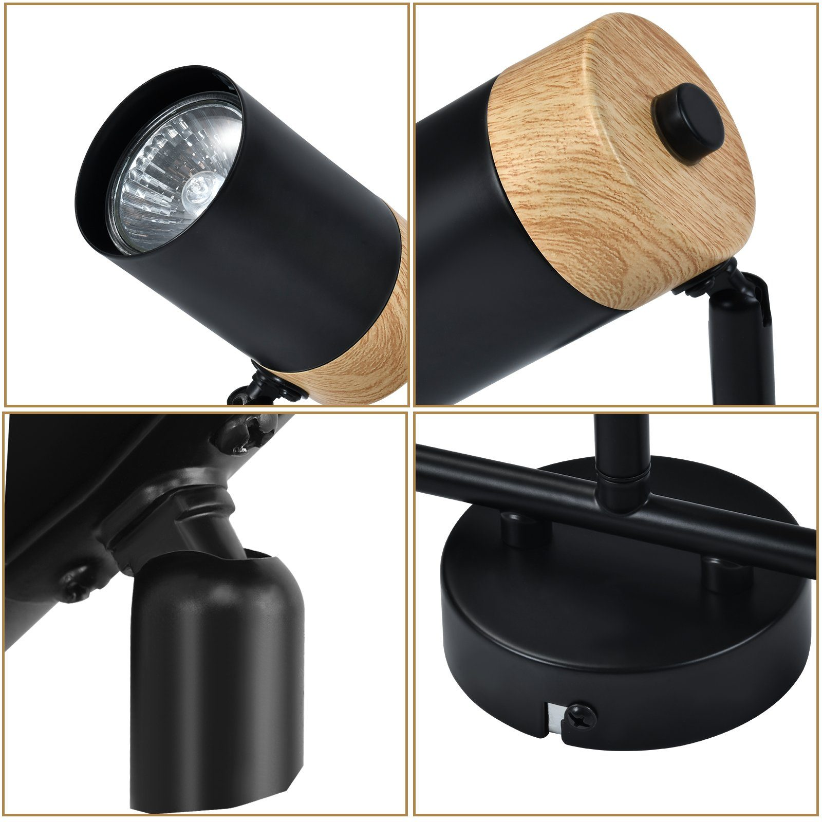 Dettaglio ravvicinato di faretti neri con accenti in legno, parte di un'apparecchio a soffitto.