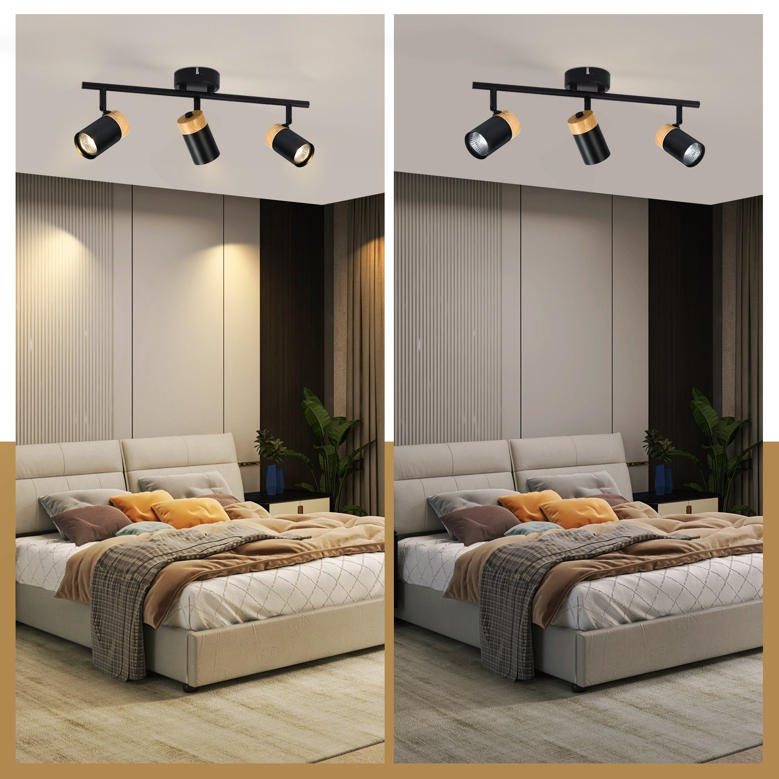 Camera da letto con faretti neri. Due diverse impostazioni di illuminazione. Letto con cuscini.