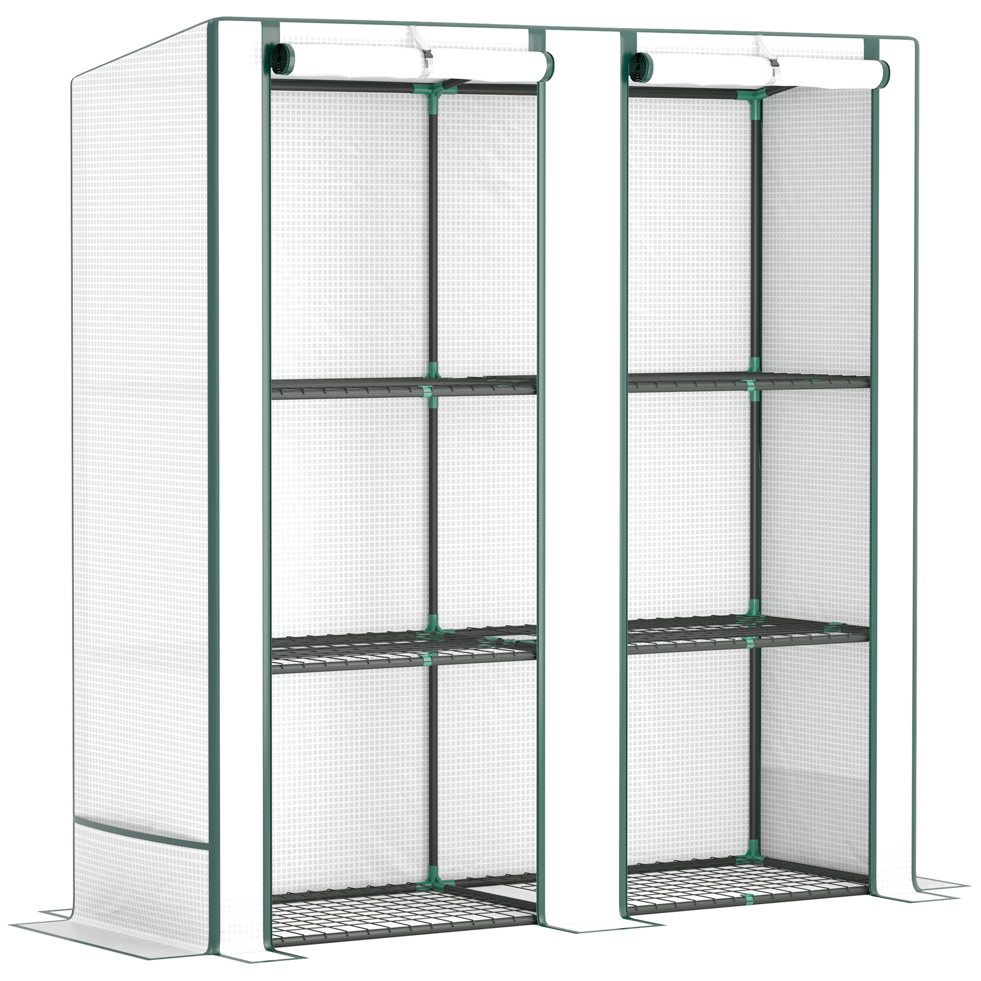 Ein weißes und grünes Gewächshaus mit Regalen und transparenten Paneelen. Weißer Hintergrund.
