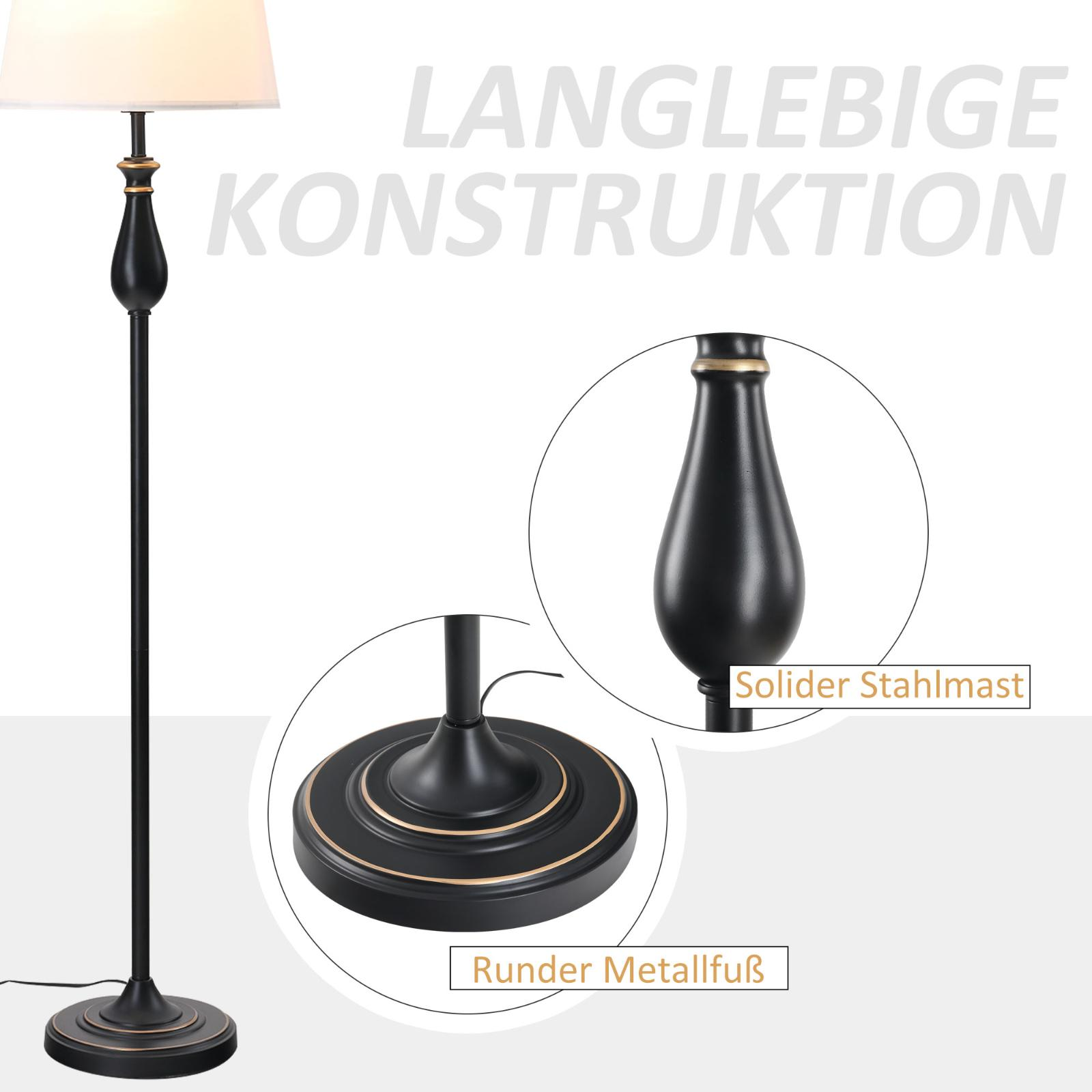 Eine schwarze Stehlampe mit Text-Overlay. Der Text beschreibt die Konstruktion.