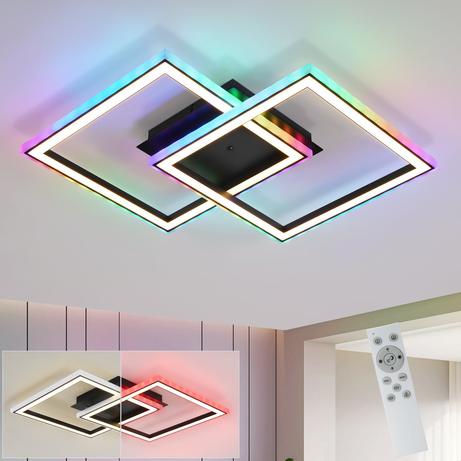Eine Deckenleuchte mit quadratischem Design. Das Licht zeigt verschiedene Farben.