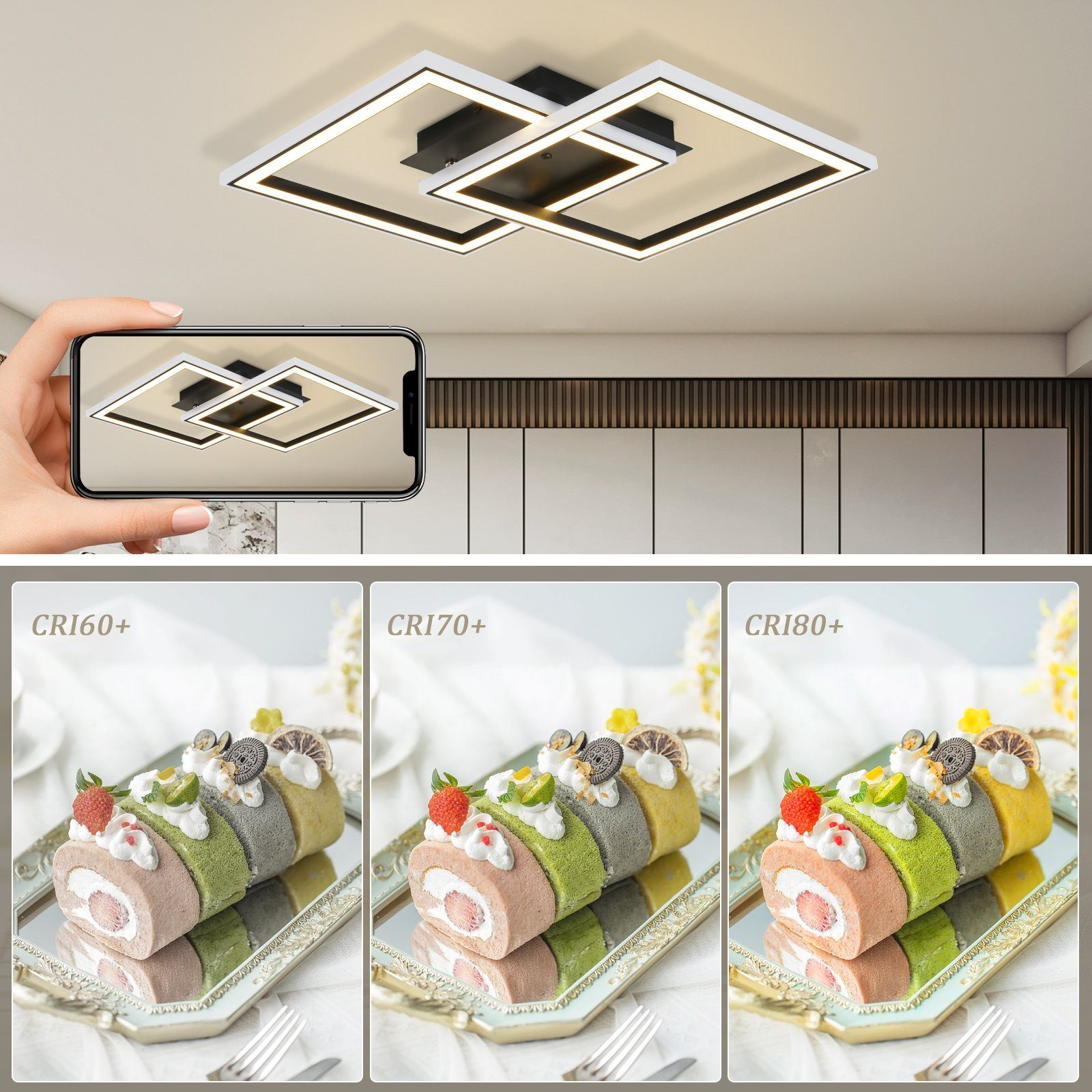 Eine Hand, die ein Telefon hält, zeigt eine Deckenleuchte mit quadratischem Design und drei Dessertrollen.