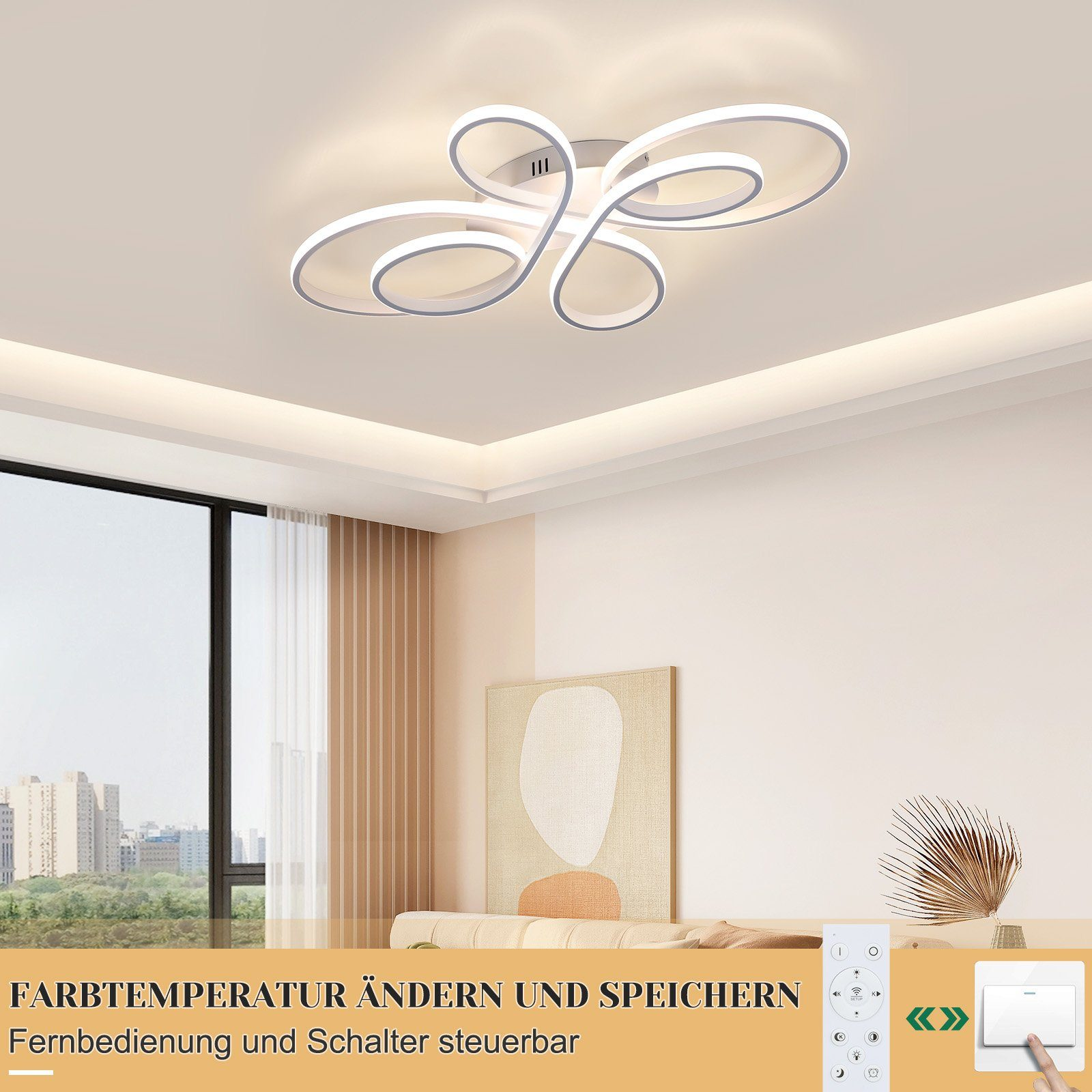 Una moderna luz de techo con un diseño blanco complejo. Un mando a distancia está debajo.