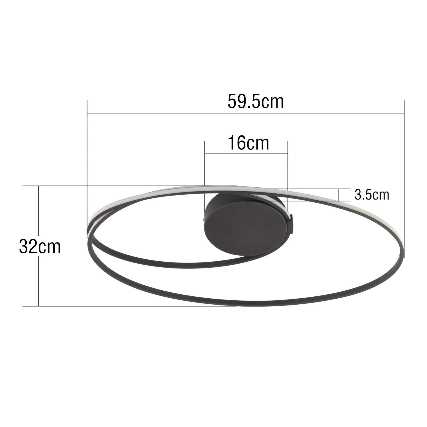 Una lampada da soffitto con misure in cm. La luce è bianca e nera con due anelli.
