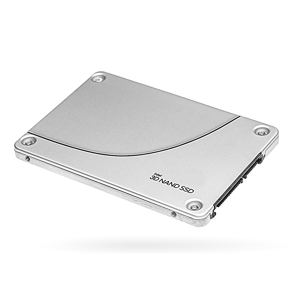 SSD Intel 3D NAND argento, forma quadrata con angoli arrotondati, quattro viti e design curvo sulla superficie.