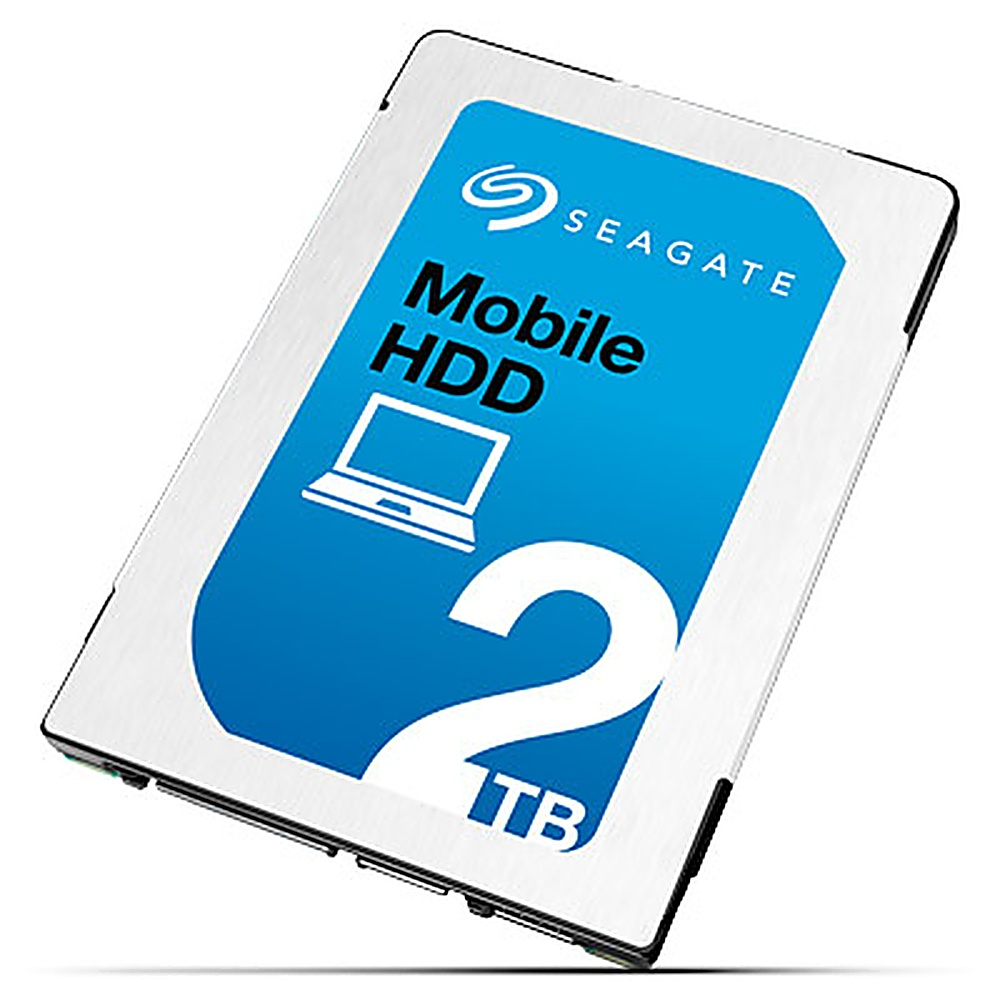Seagate Mobile HDD mit blauem Etikett. Es hat ein Laptop-Symbol und sagt 2 TB.