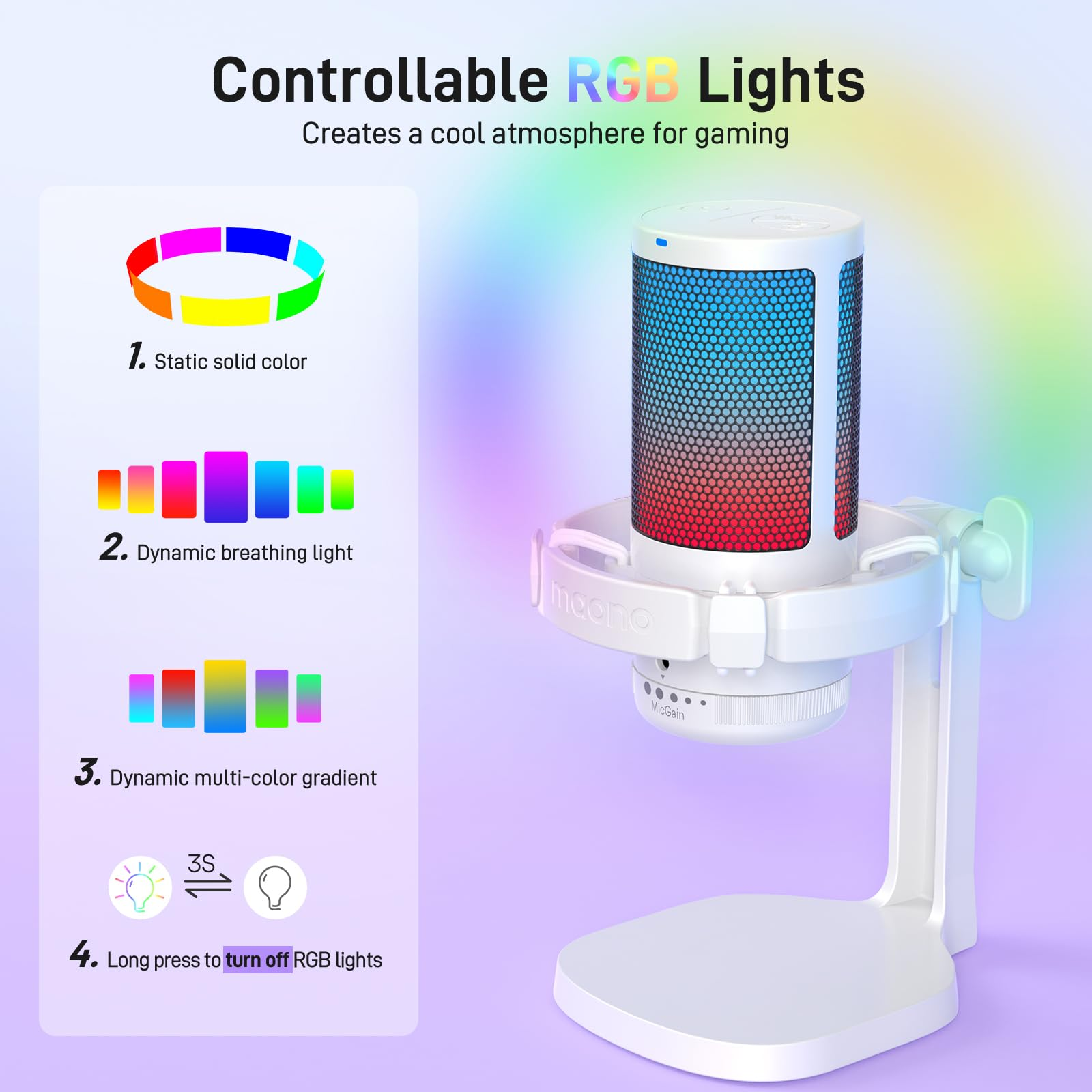 Weißes Mikrofon mit Ständer, das die steuerbaren RGB-Lichter zeigt, verschiedene Modi werden gezeigt.