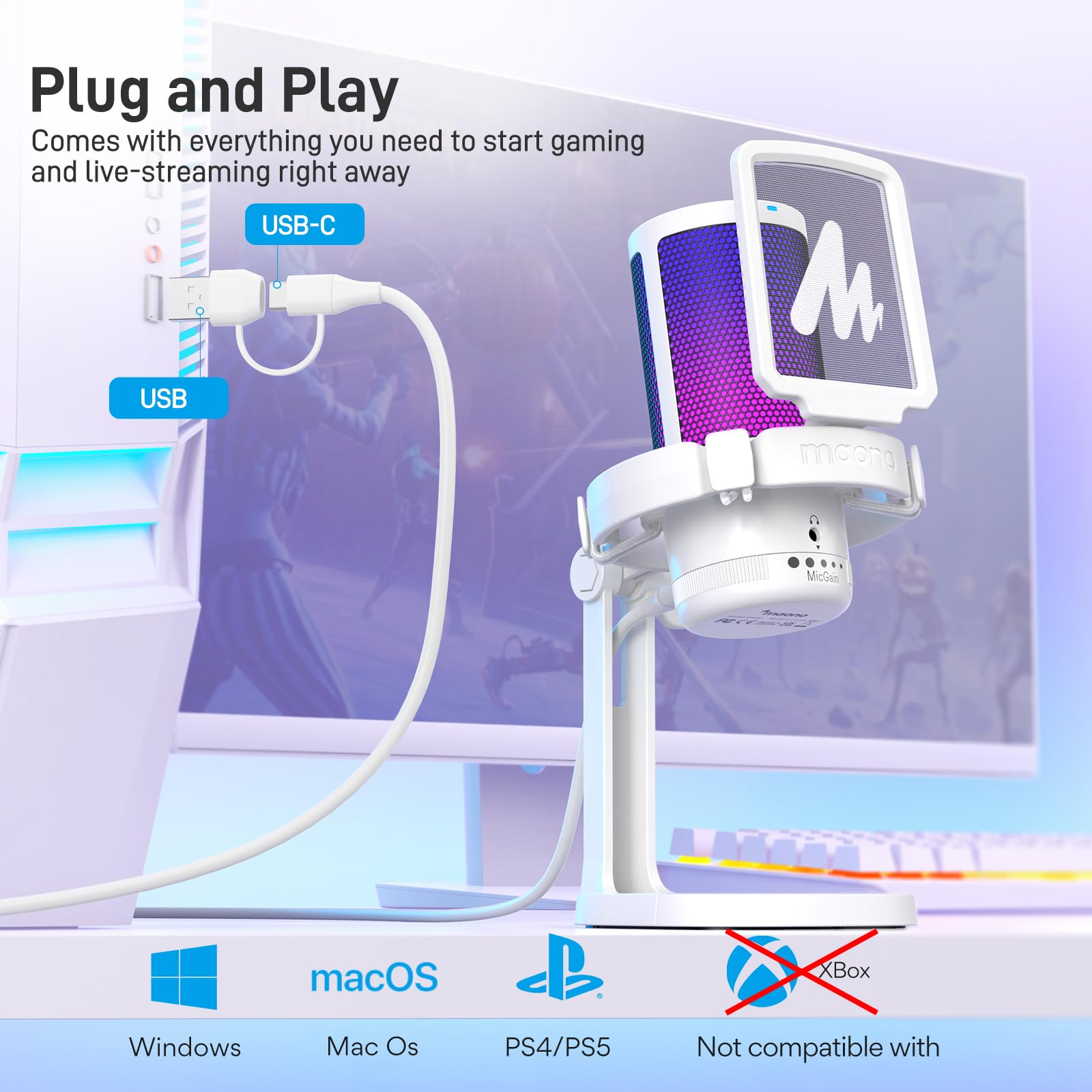 Weißes Mikrofon mit USB-, USB-C-Kabel und Bildschirm. Kompatibel mit Windows, Mac OS und PS4/PS5, nicht Xbox.